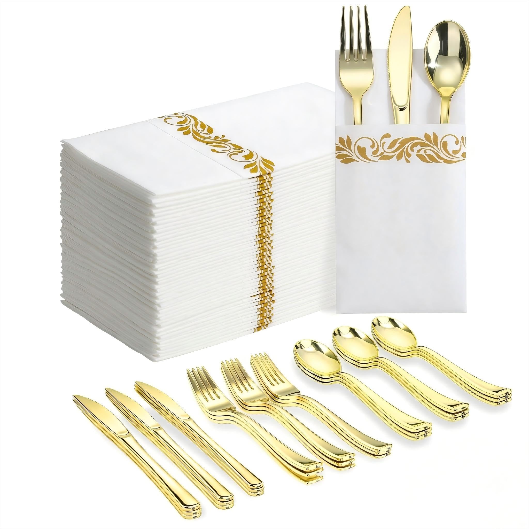 Goodluck 400 PCS Gold Plastic Silverware with Pocket Napkins for - Goodluck Official Product View 8