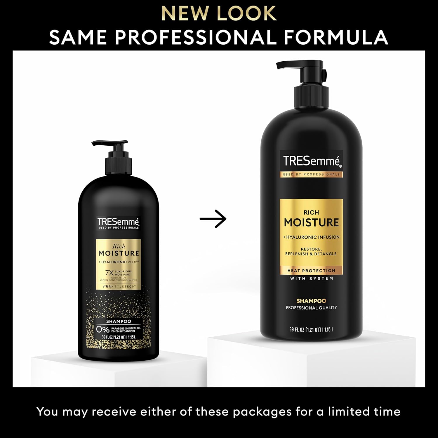Elefair TRESemmé Rich Moisture Hydrating Shampoo with Pump, four bottles, designed for dry hair, with clear pump dispensers.