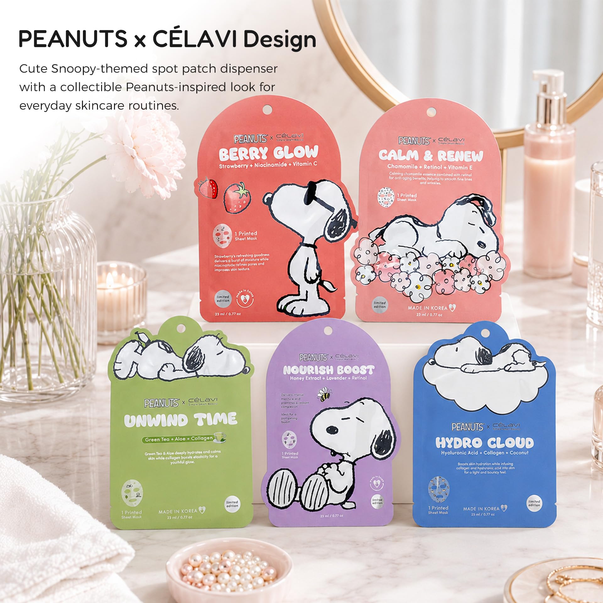 CELAVI 5 Pack Peanuts Snoopy Printed Sheet Mask, Cute Face Masks - Celavi Cosmetics