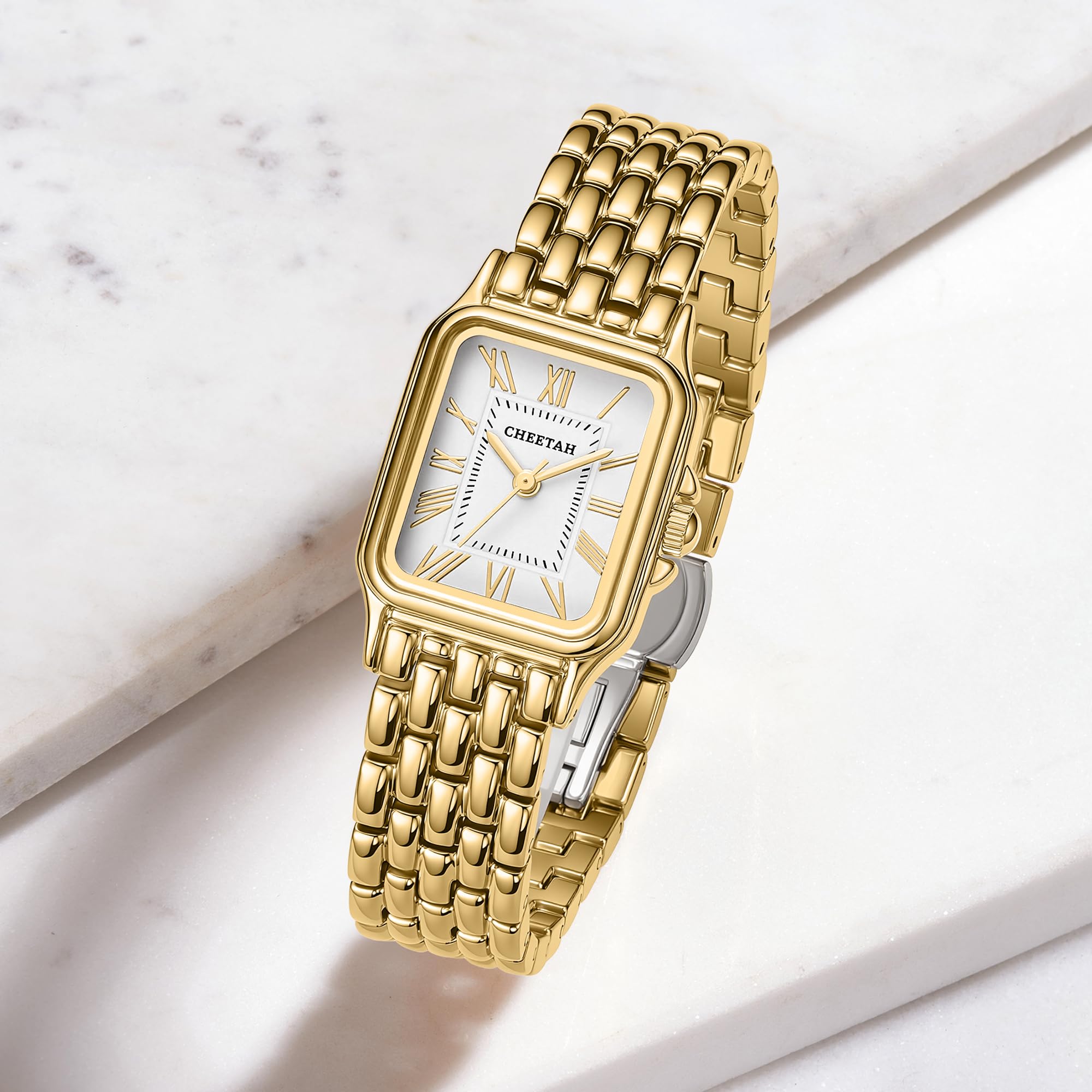 CHEETAH Gold Watches for Women with Vintage Rectangular Case,26mm Case Diameter,Gold Roman Numerals,Metal Steel Band,3ATM Waterproof
