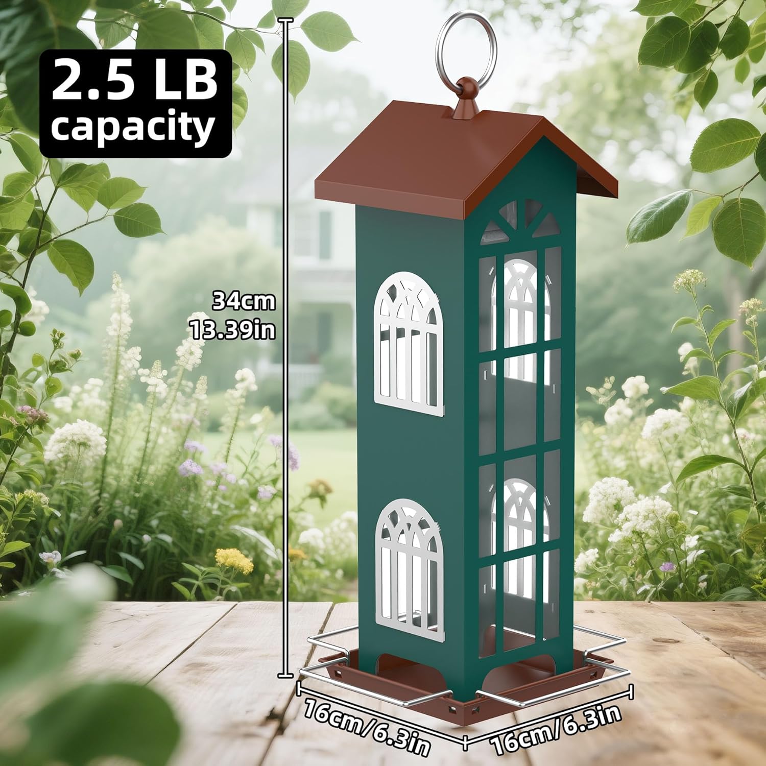 VYHAG metal outdoor bird feeder hanging with waterproof and rust-resistant design, featuring a spacious tray for bird seed.