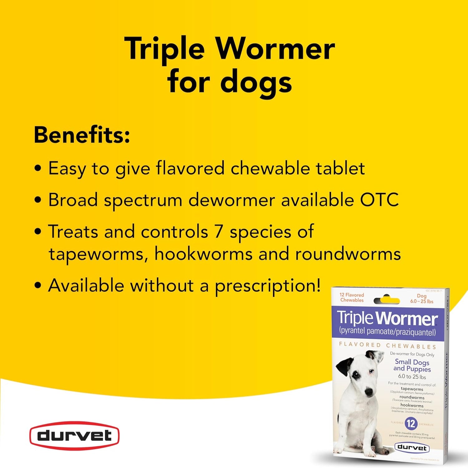 Durvet 12-pack of triple wormer tablets for puppies and small dogs, showing the blister pack with tablets.