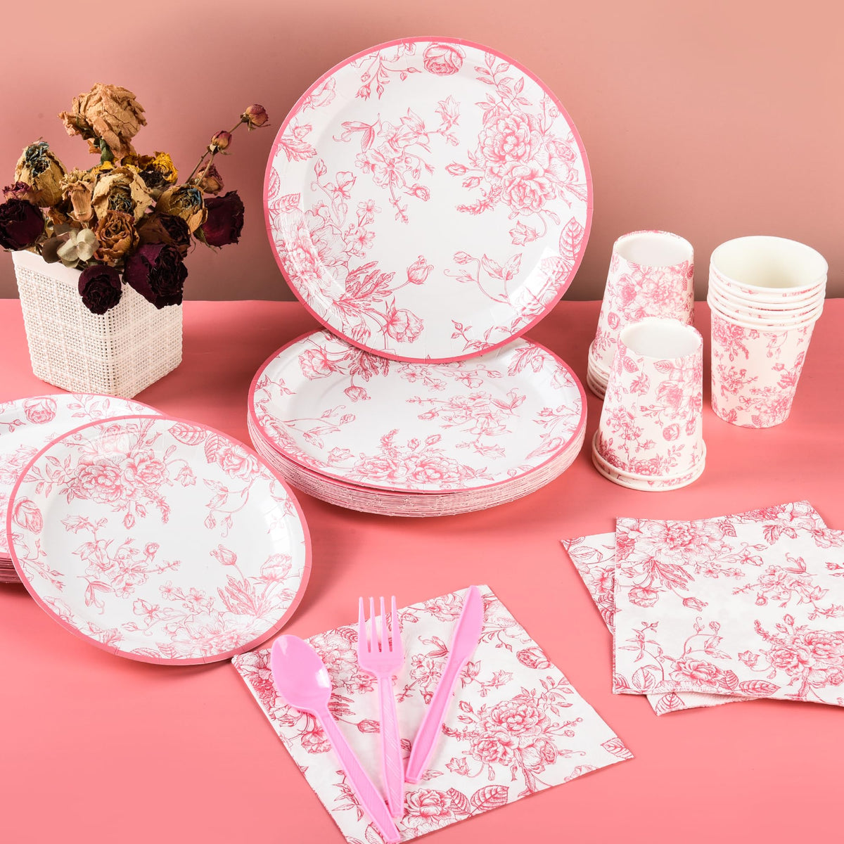 175Pcs Pink Floral Paper Plates and Napkins 25 Guests Pink - Elyxio Official Imagery - 8