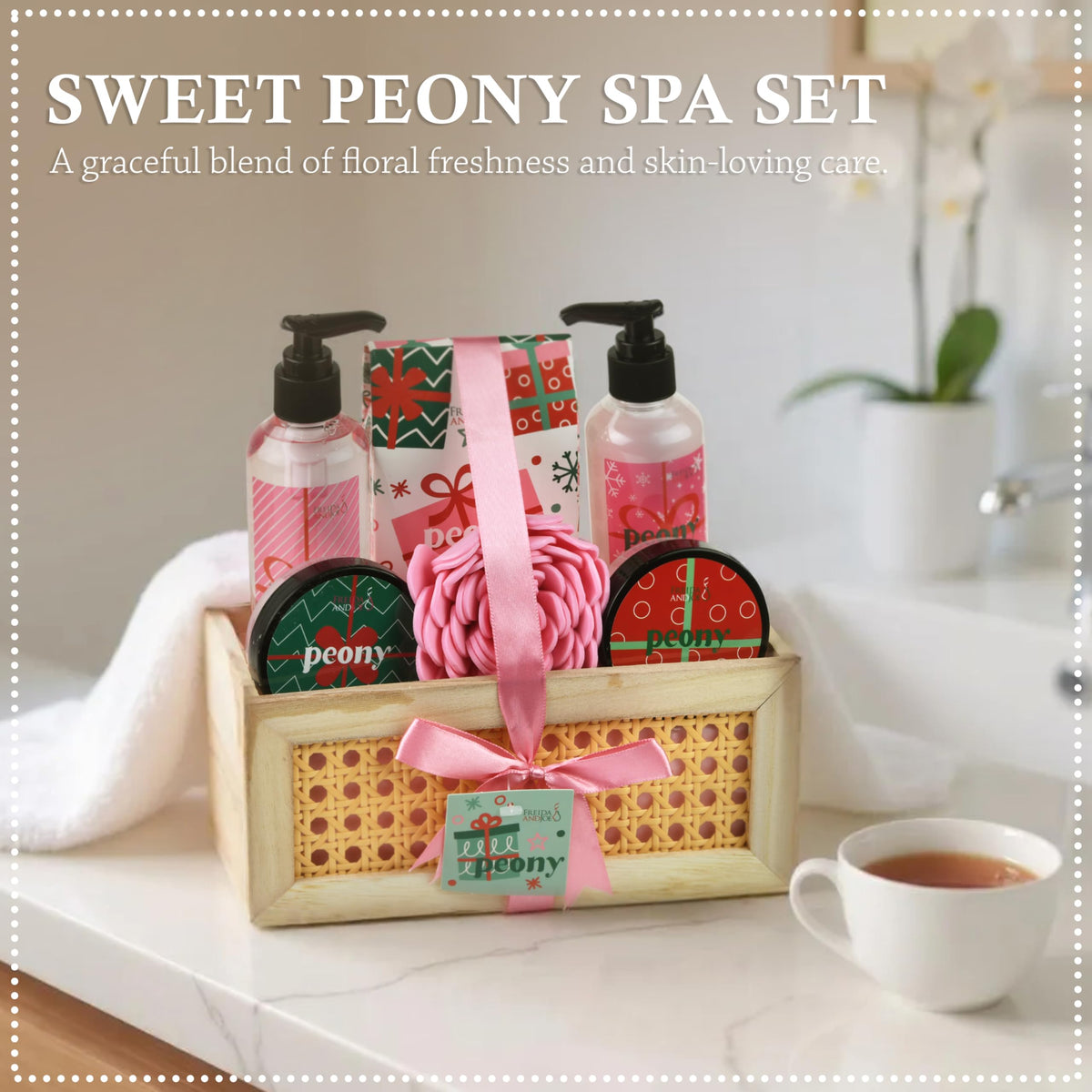 Freida Joe Peony Spa Gift Set 7 Piece Bath Body Gift Basket - Freida and Joe Official Imagery - 6