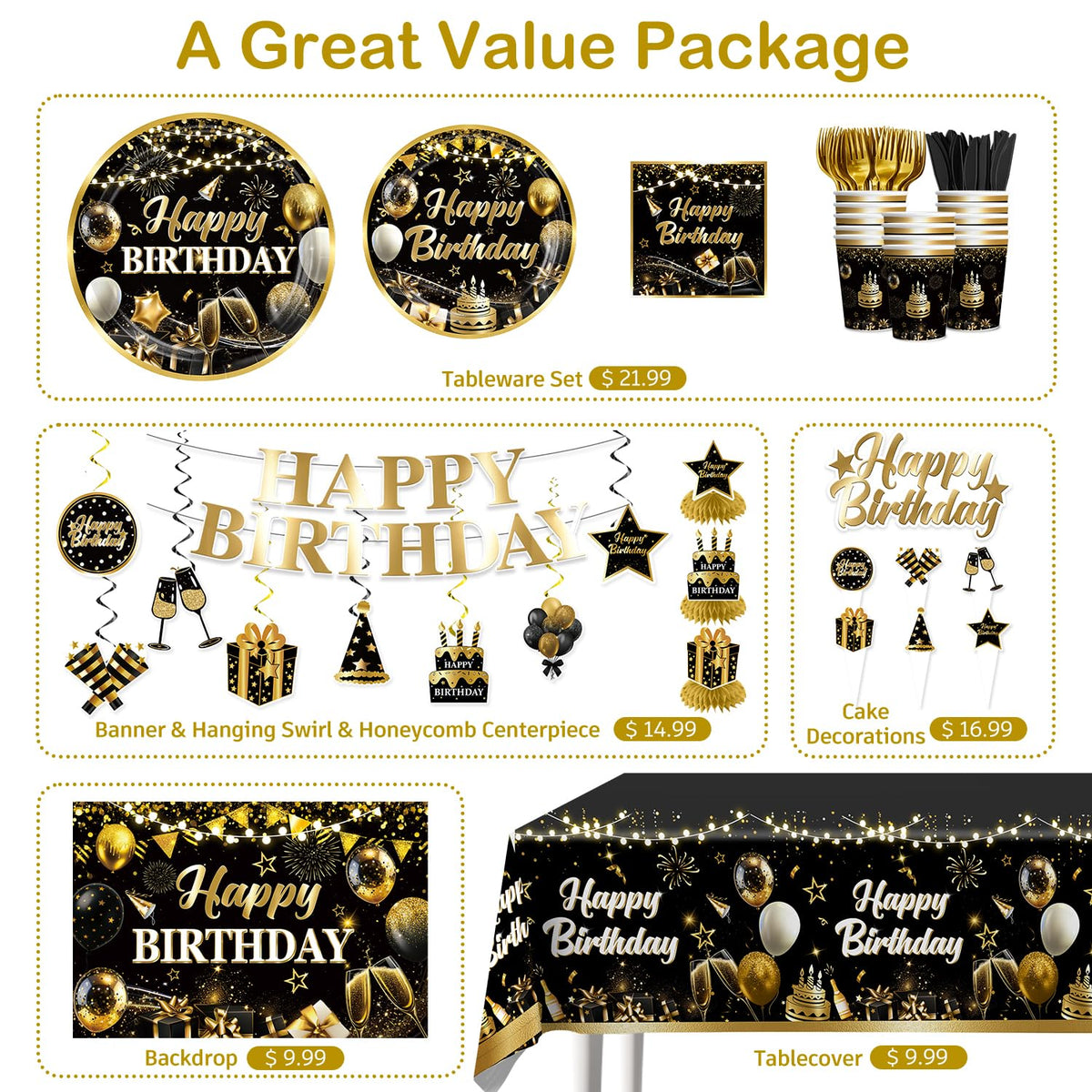 206pcs Black and Gold Birthday Decorations Men Set for 25 - Yingoto Official Imagery - 5