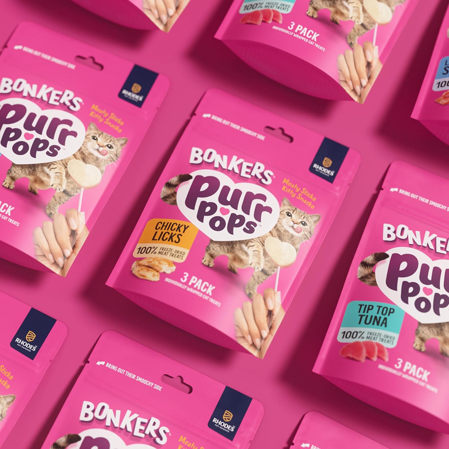 Bonkers Purrpops freeze-dried chicken-flavored lollipop treats for cats, 15-pack, showing colorful treats on a white background.