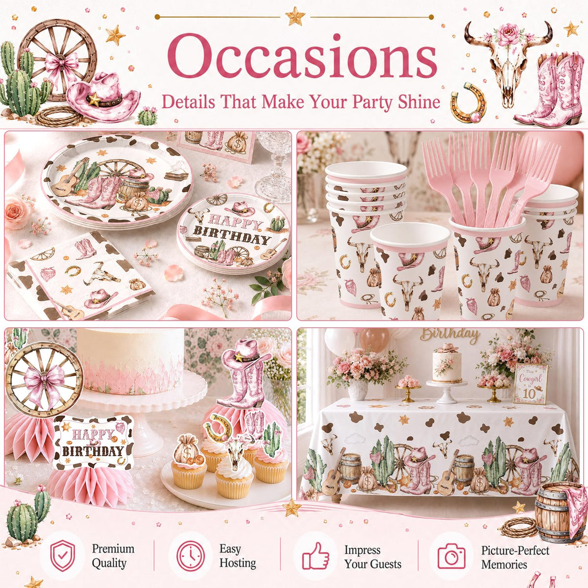 201pcs Western Cowgirl Birthday Party Decorations Tableware - Xynic Official Imagery - 7