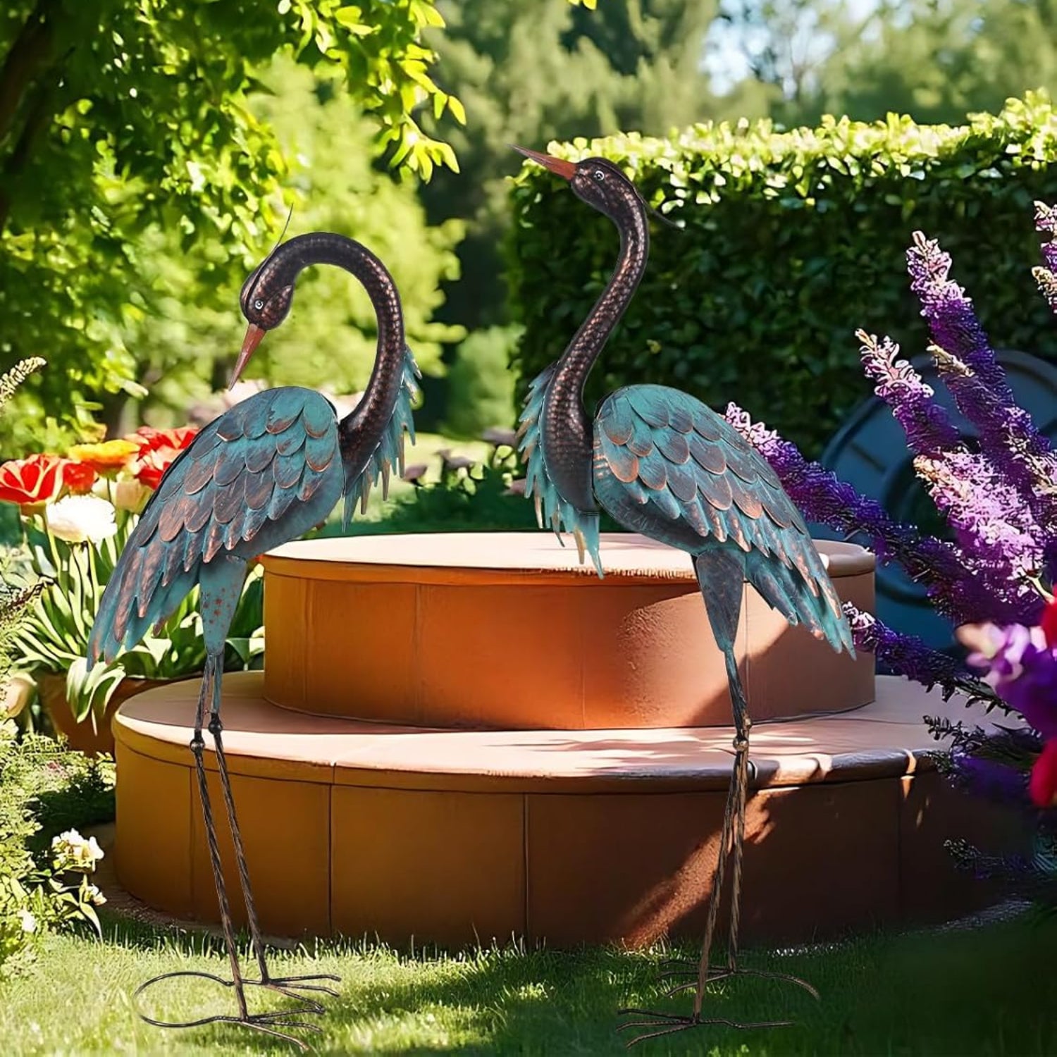 YEAHOME outdoor garden decor statues featuring two large metal herons standing 37 and 40 inches tall for yard decoration