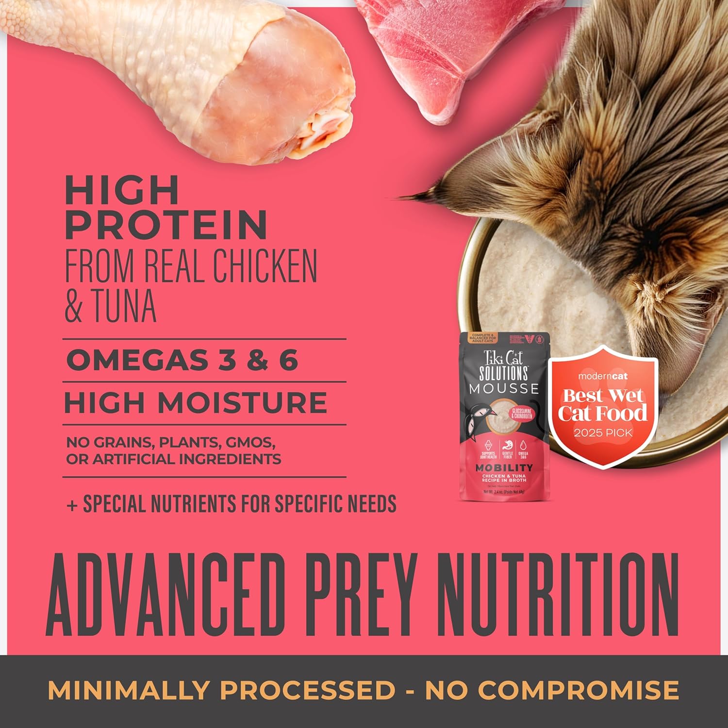 Tiki Cat Solutions Mobility Mousse in chicken and tuna flavor, 2.4 oz pouches, supporting feline joint health, 12-pack.