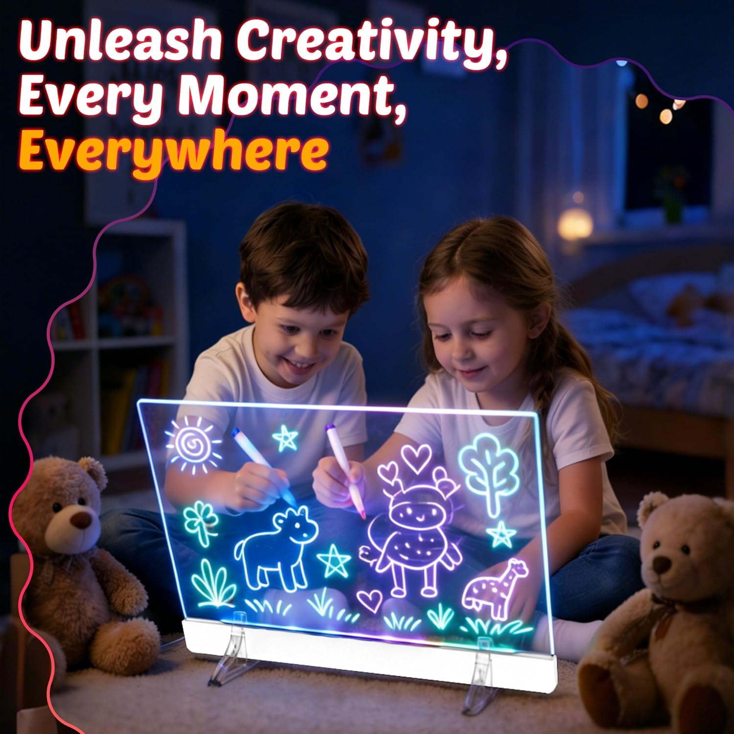 MOKOQI 16-inch rechargeable LED drawing board for kids, light-up drawing tablet with colorful illuminated surface.