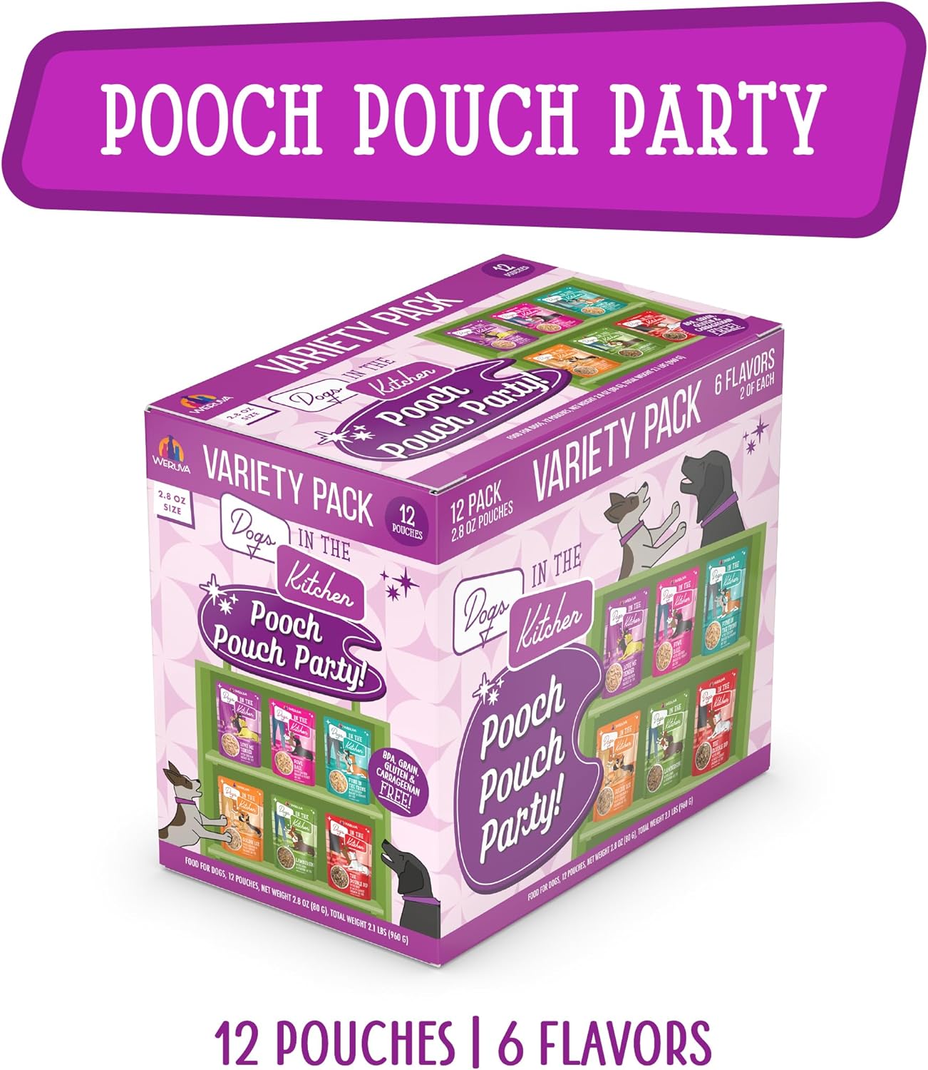 Weruva Dogs in The Kitchen Pooch Pouch Party! wet dog food variety pack with twelve 2.8oz pouches laid out.