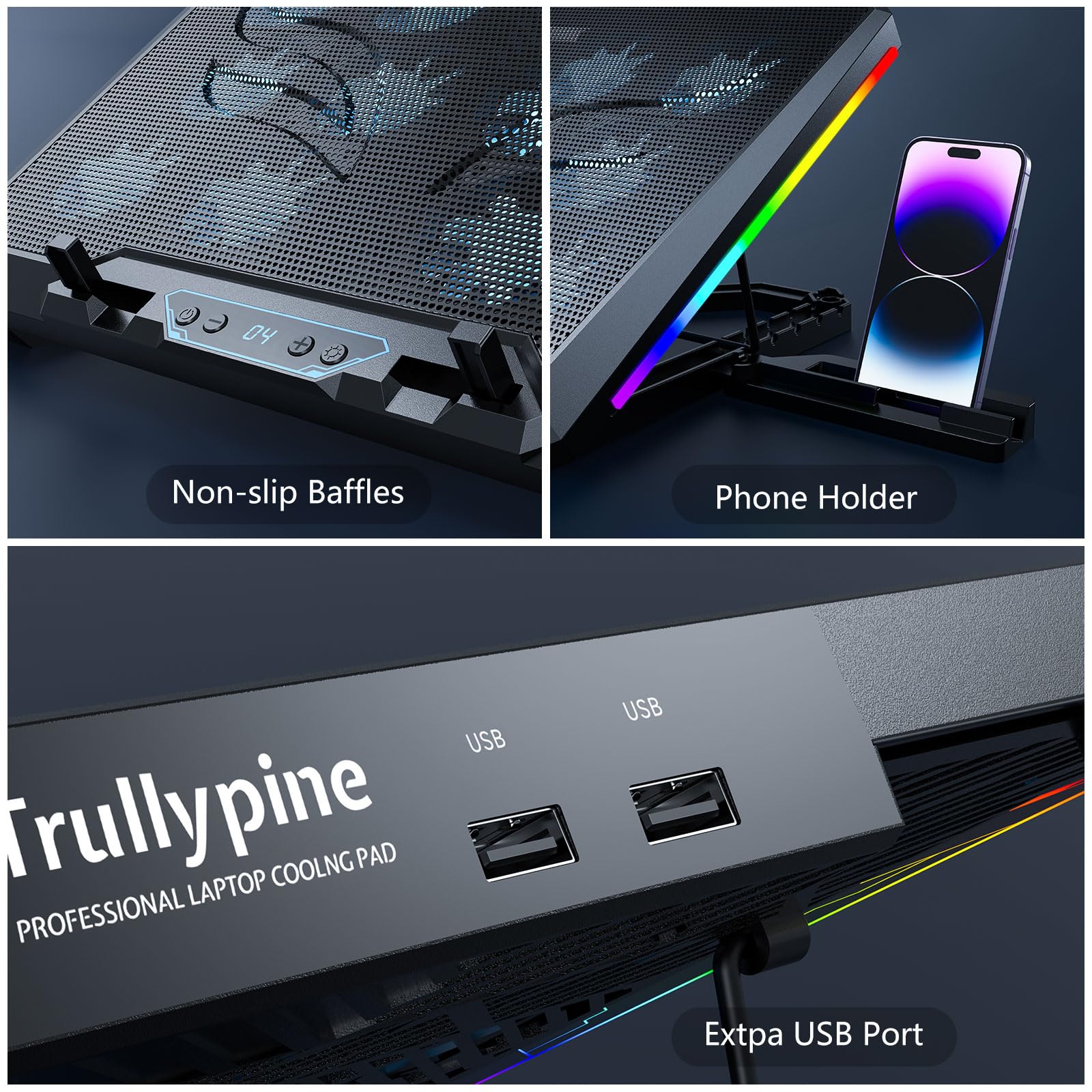 Trullypine Laptop Cooling Pad with 12 Quiet Fans, Slim Portable for 12-17.3 Inch Laptop Cooler Stand, RGB Lighting, with 5 Height Adjustable, Gaming Cooling Fan Pad,Two USB Ports, Phone Holder (LCD)
