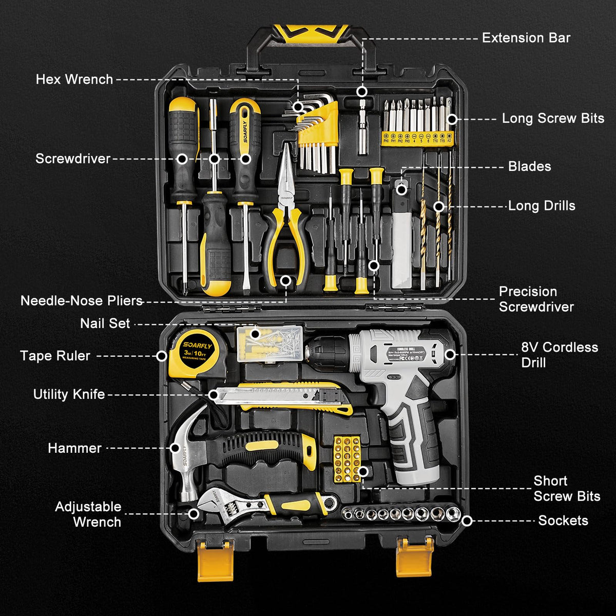157 Piece Tool Set 8V Cordless Drill Set Hand Tool Kit for - SOARFLY Official Imagery - 3
