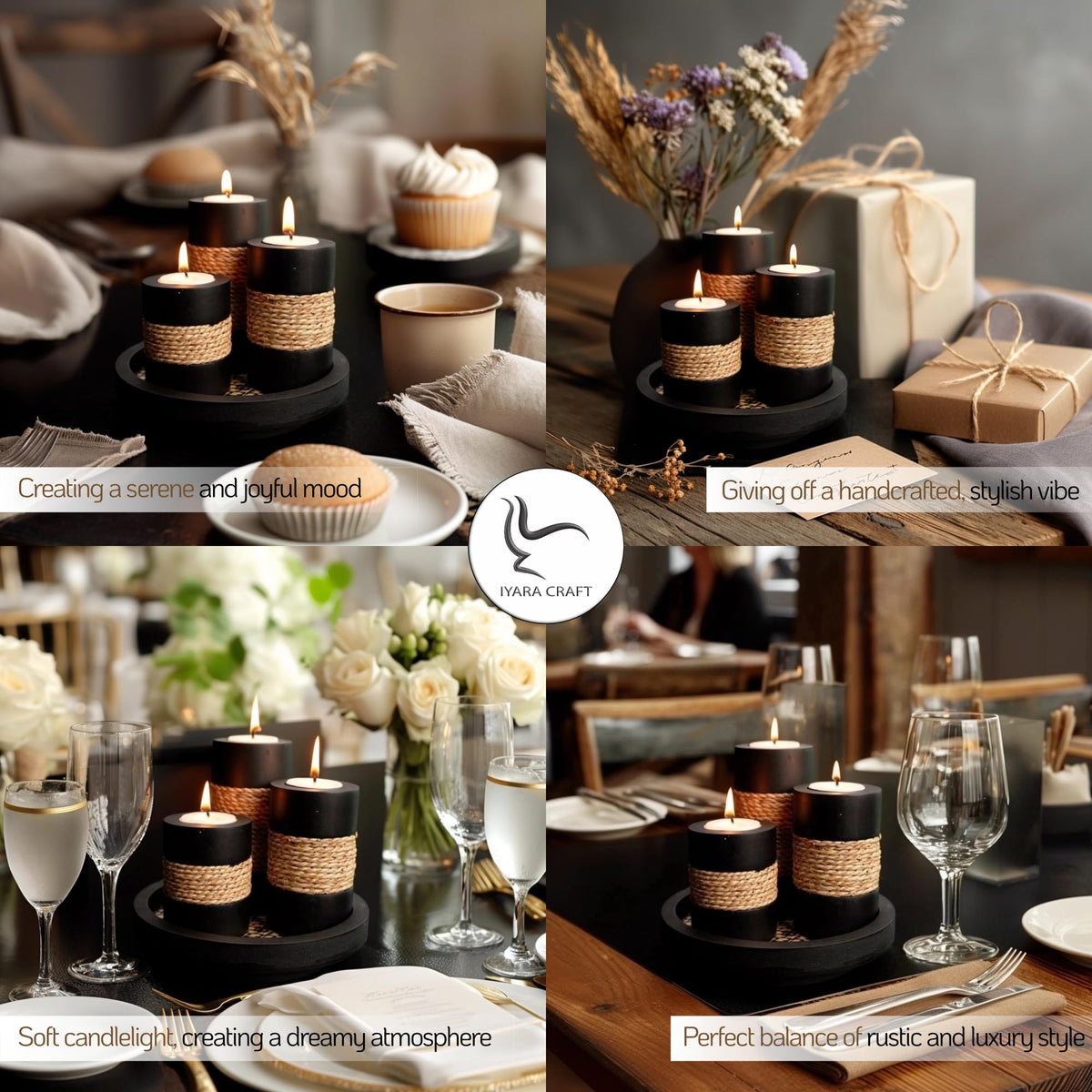 IYARA CRAFT Candleholder Set with Tray Set of 3 Rustic Black - IYARA CRAFT Official Imagery - 5