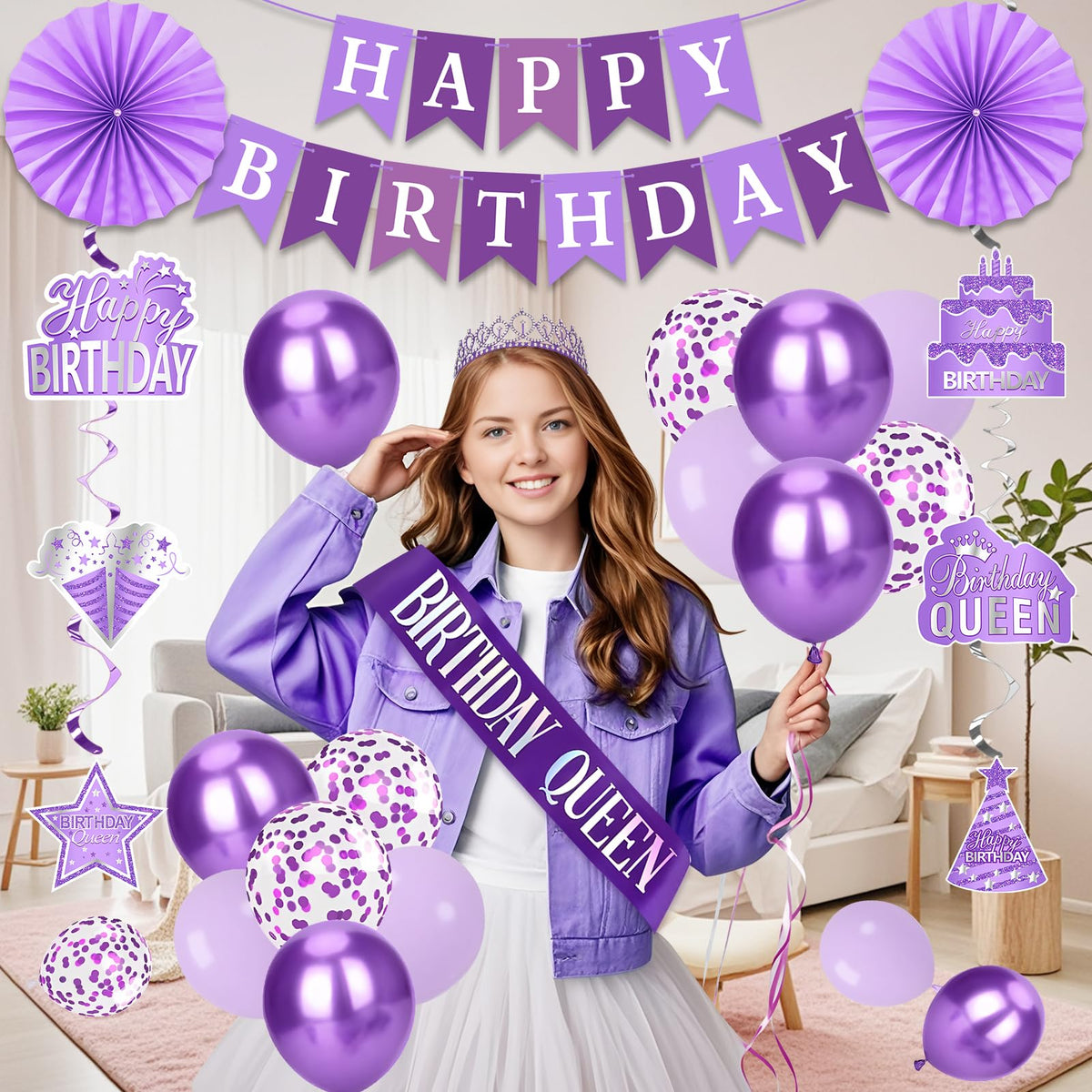 Purple Birthday Decorations for Women Girls Birthday Queen - Eiurteao Official Imagery - 7