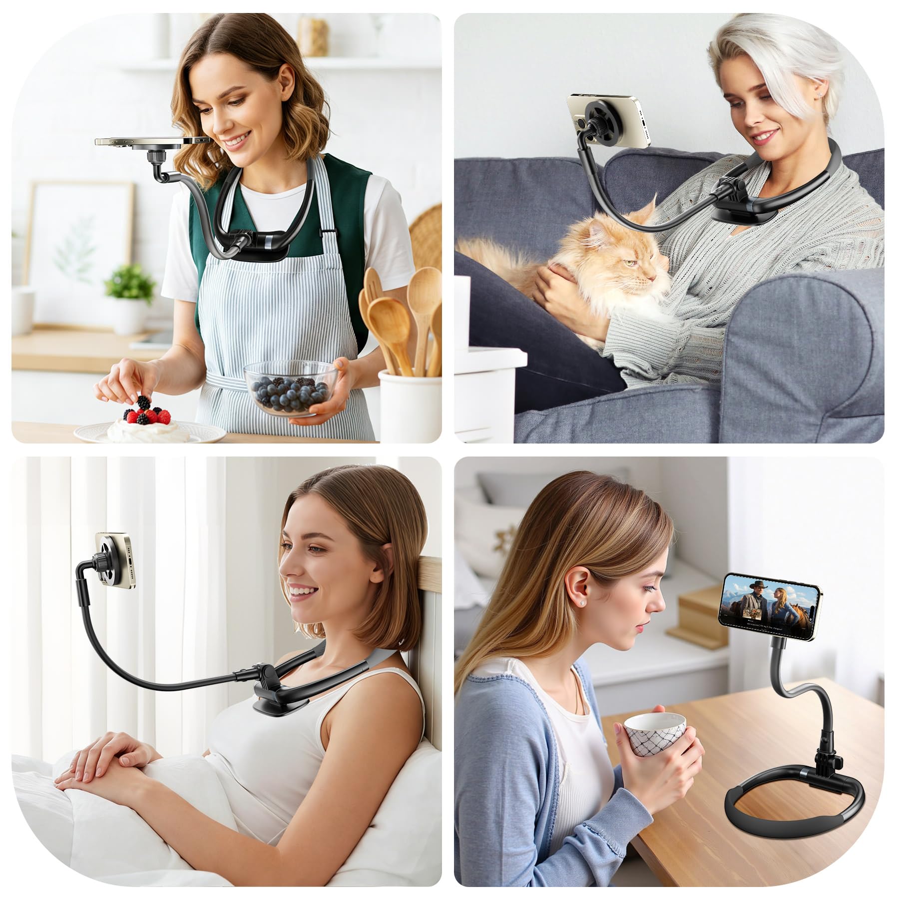 LenTok magnetic neck phone holder for iPhone, portable electronic device stand, comfortable for reading, video recording, and watching movies.