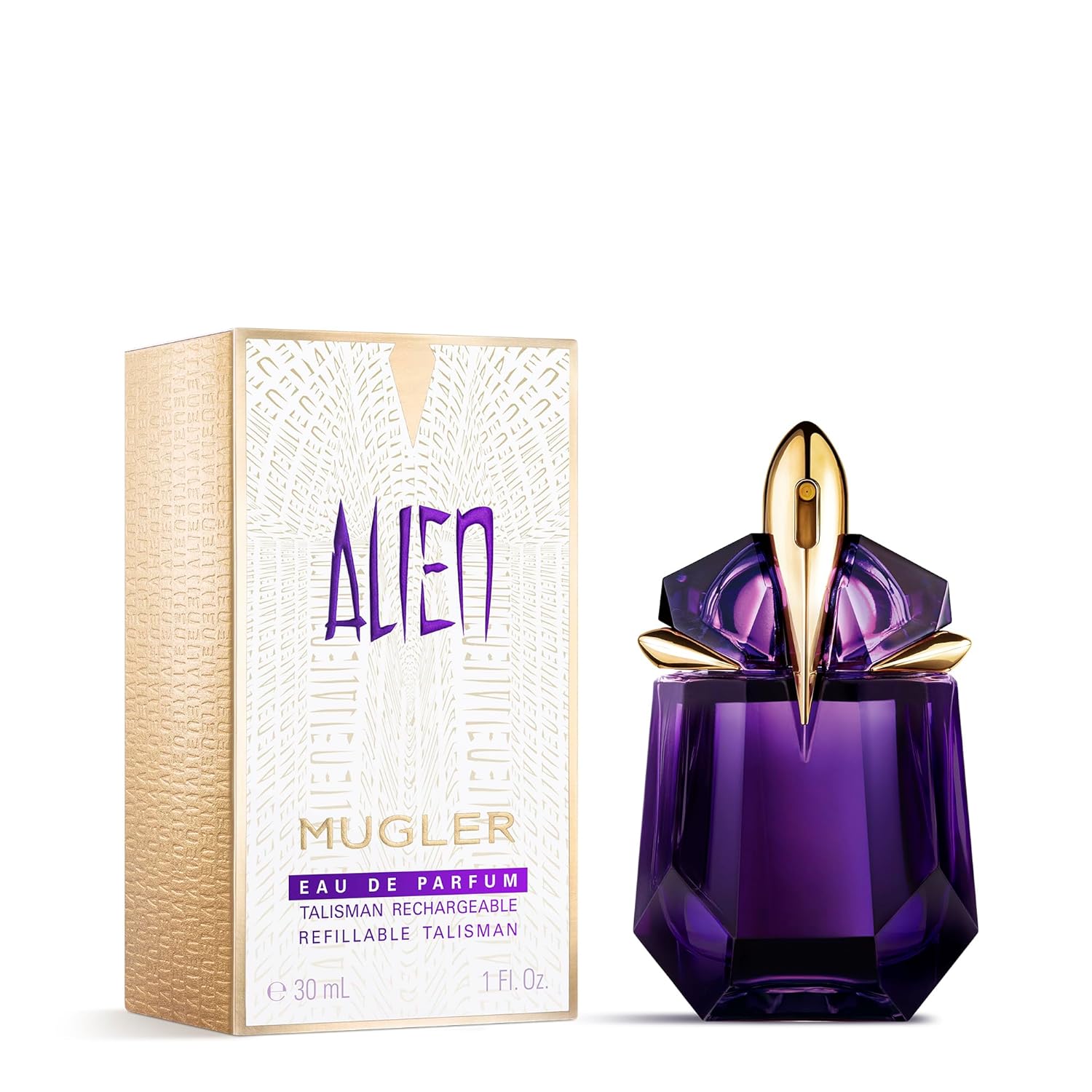 MUGLER Alien women's perfume bottle with floral and woody scent notes, elegant glass design, and distinctive shape.