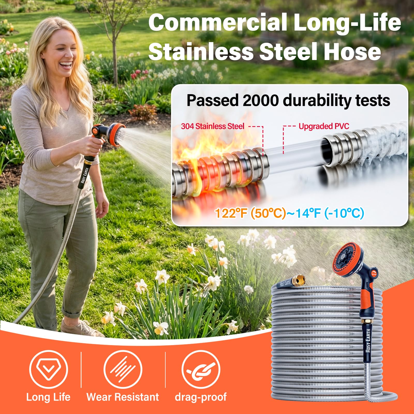 Rosy Earth 100ft Stainless Steel Garden Hose, Heavy Duty Metal Wa - Rosy Earth Official Product View 7