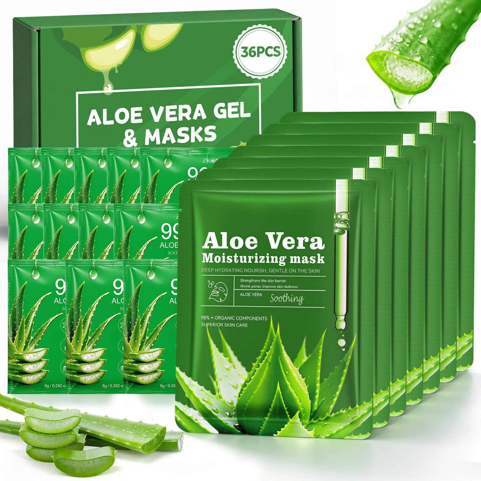 Aloe Vera Face Mask Skincare Set - 12 Facial Masks + 24 Portable - Product Imagery