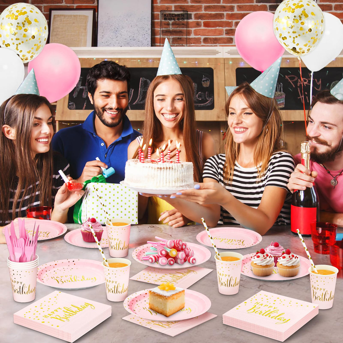 DYLIVeS 192pcs Pink Gold Dots Happy Birthday Party Pack - DYLIVeS Official Imagery - 5