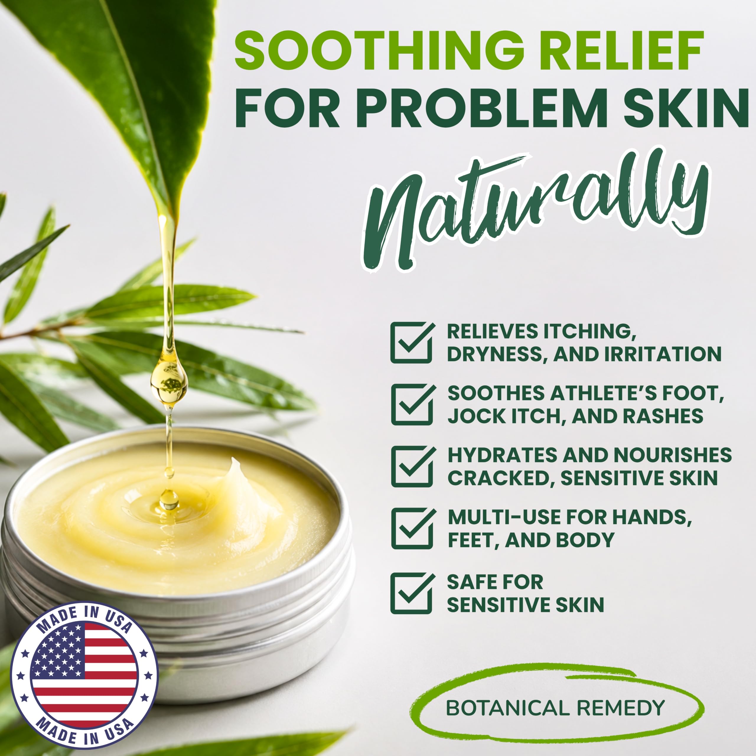 KESMEDIK Tea Tree Oil Balm skin moisturizer for antifungal relief, showing the balm jar with tea tree oil ingredients and application.