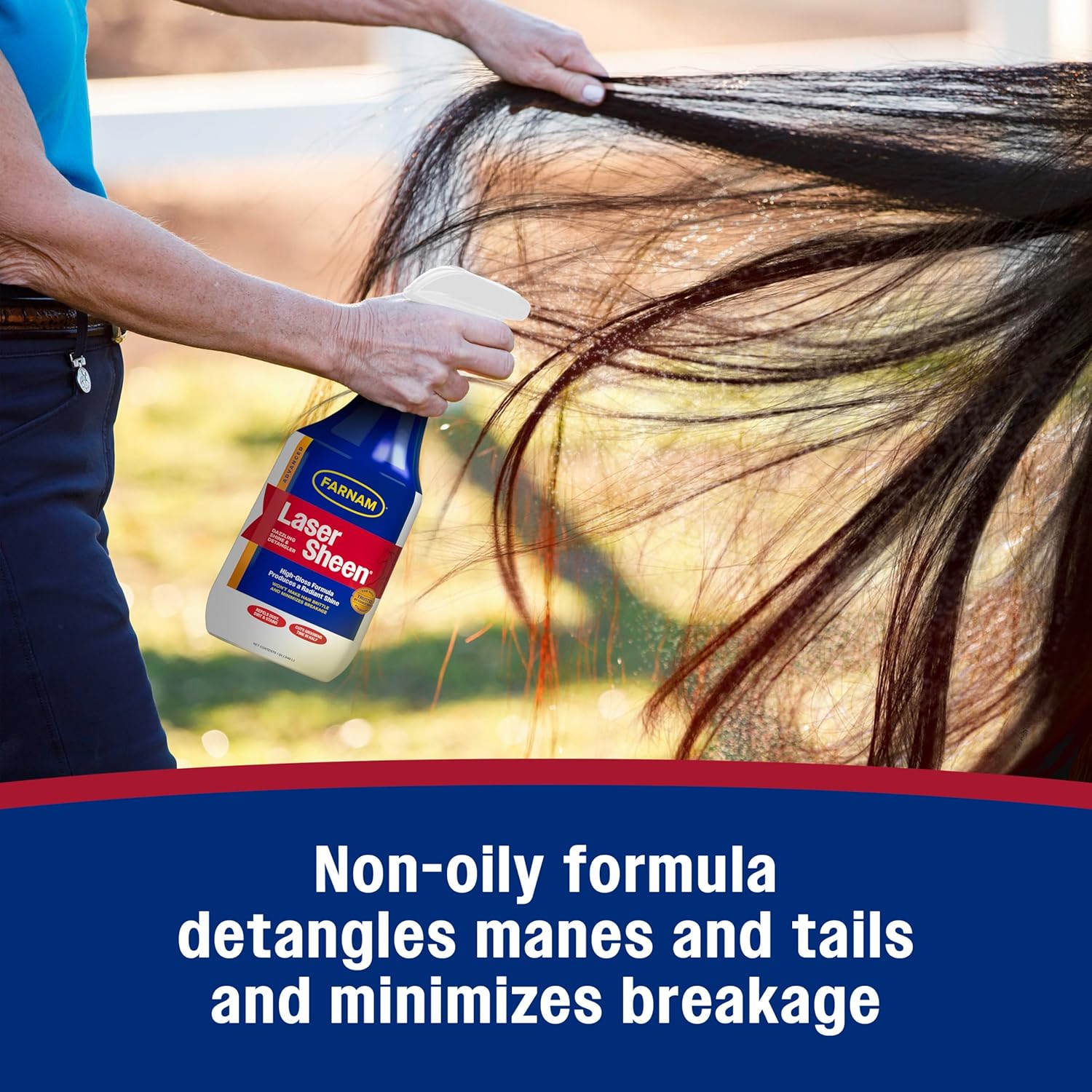 Farnam Laser Sheen horse detangler spray in 32-ounce bottle, provides shine, repels dirt and stains, ready-to-use horse grooming product