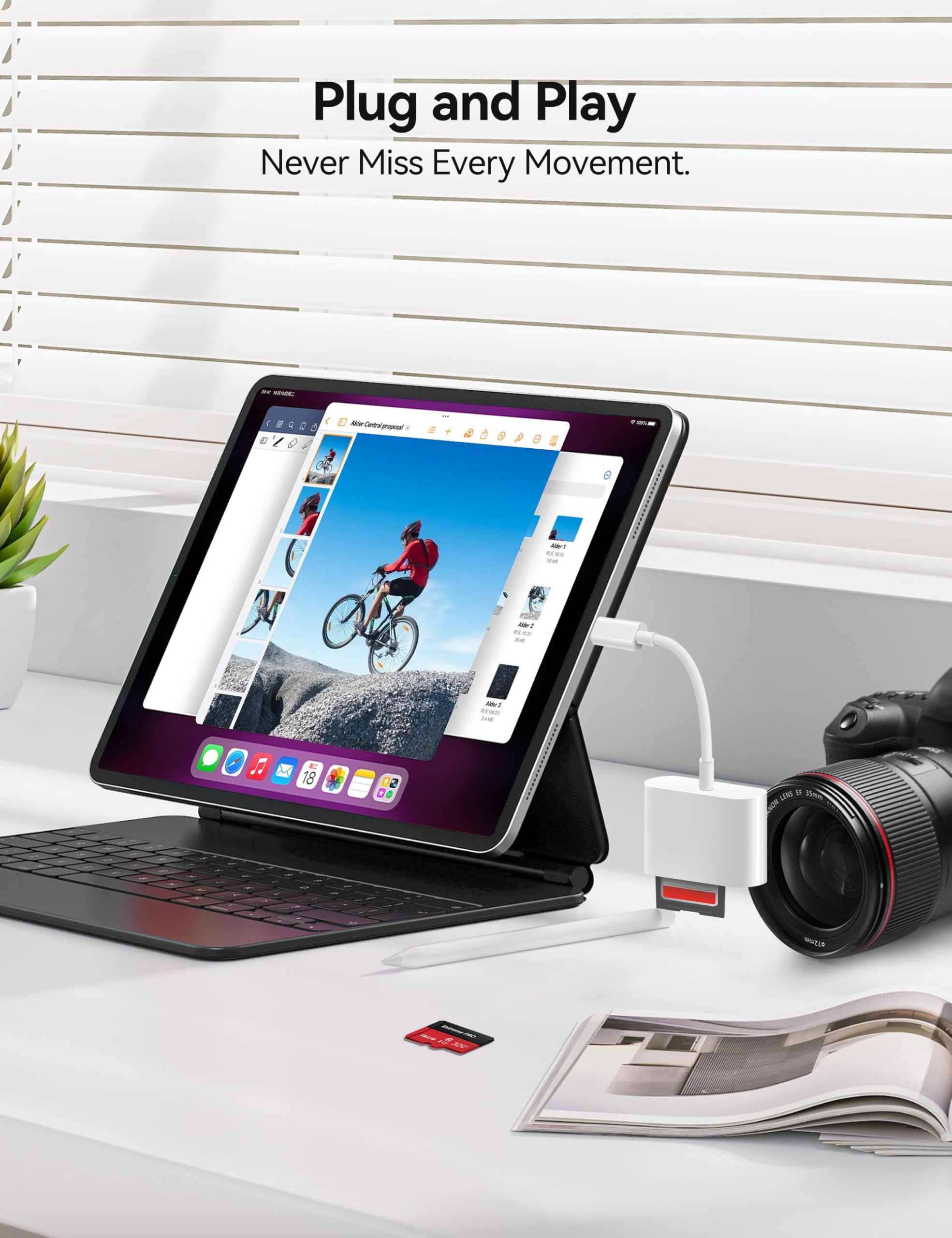 MujuDoler USB-C SD card reader with dual slots and USB port, compatible with iPhone 15, MacBook, iPad, Android, and other Type-C devices.