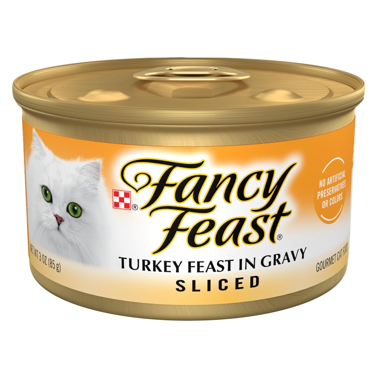 Cans of Purina Fancy Feast Sliced Turkey Feast wet cat food in gravy, 3 oz., arranged in a pack of 24 with colorful labels.