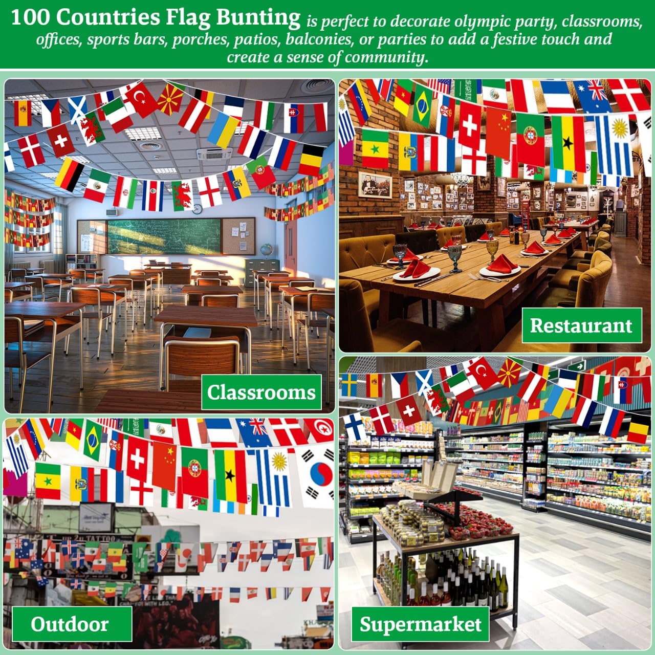 Two-pack 82-foot international flag banner set by CrysGuard featuring colorful 100 country flags for global celebrations.