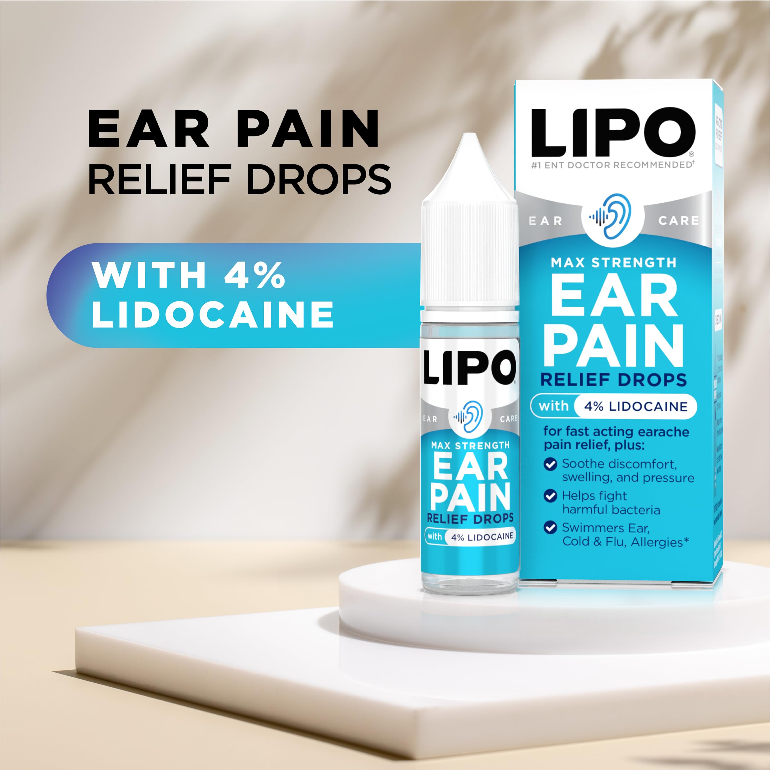 LIPO Ear Pain Relief Drops – 4% Lidocaine, 1 fl oz