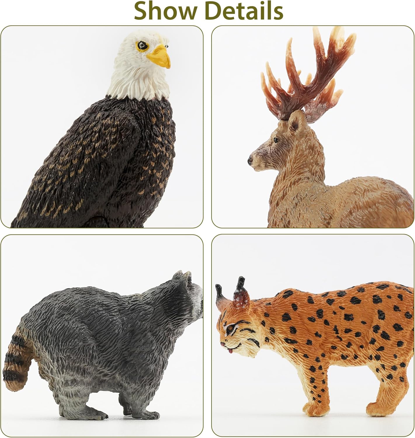 Toymany 12-piece North American forest animal figurines set featuring realistic jungle zoo animal models for children.