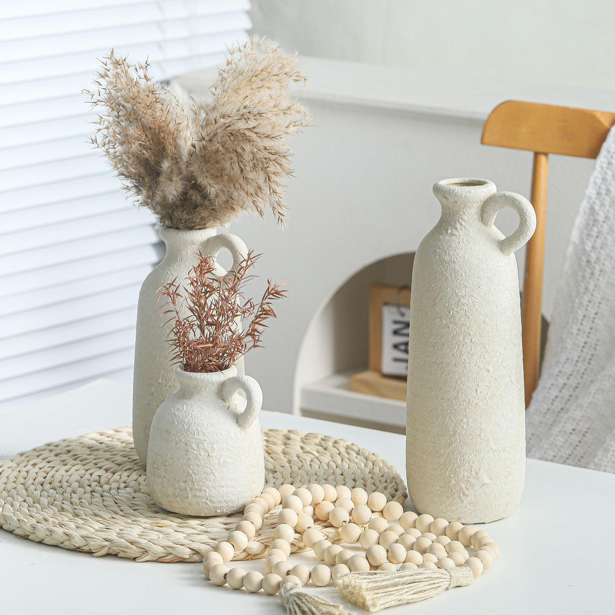 Ceramic Vase Set of 3 with Handle Neutral Rustic Vases Home - ooit Official Imagery - 6