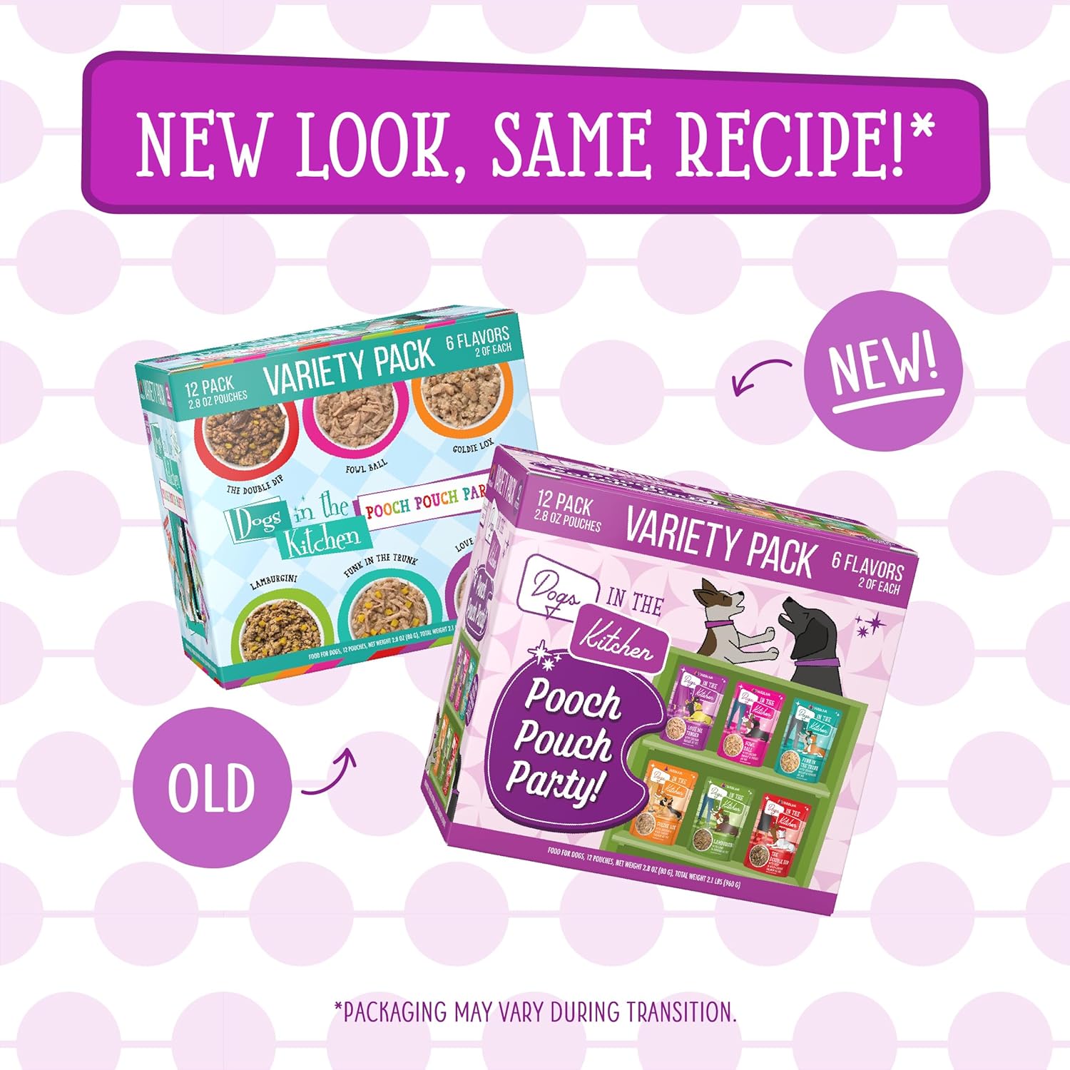 Weruva Dogs in The Kitchen Variety Pack of wet dog food pouches, 2.8oz, featuring colorful pouch packaging for dogs.