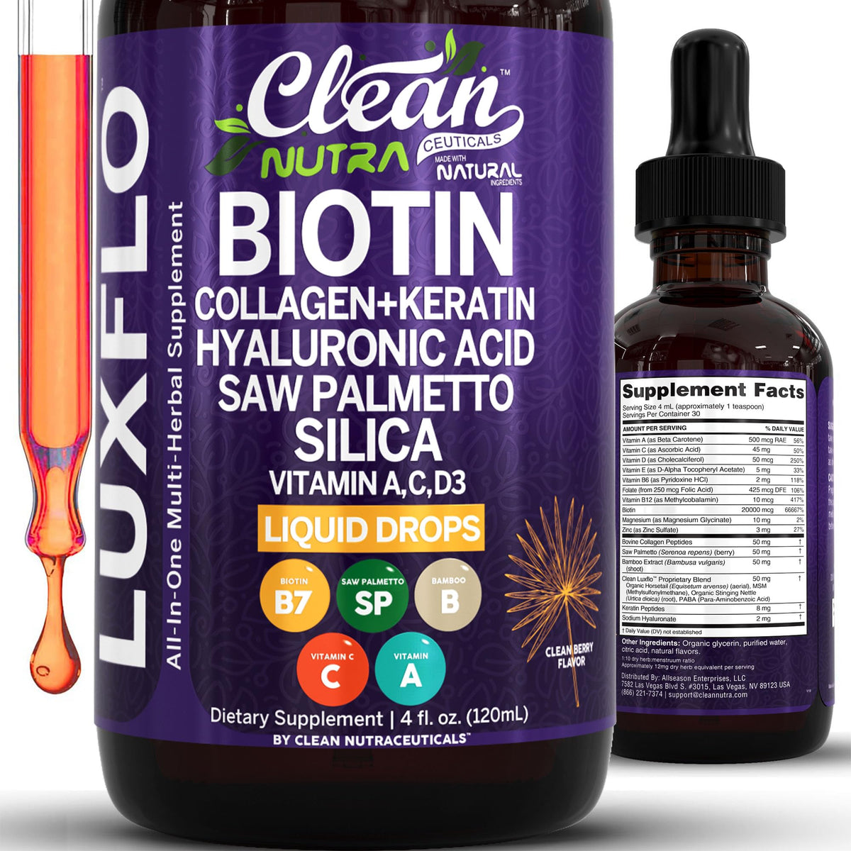 Liquid Biotin Collagen Keratin Hyaluronic Acid Saw Palmetto - Clean Nutraceuticals Official Imagery - 2