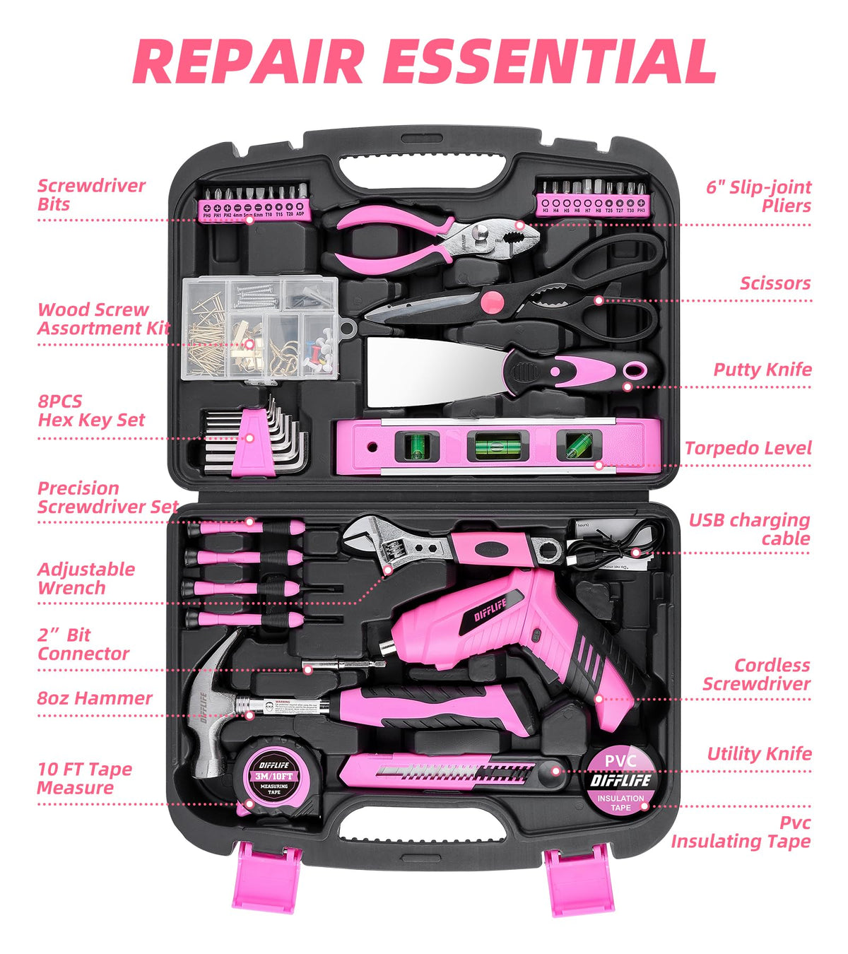 143 Piece Pink Tool Set Home Repair Kit with Power - DIFFLIFE KINETIX Official Imagery - 4