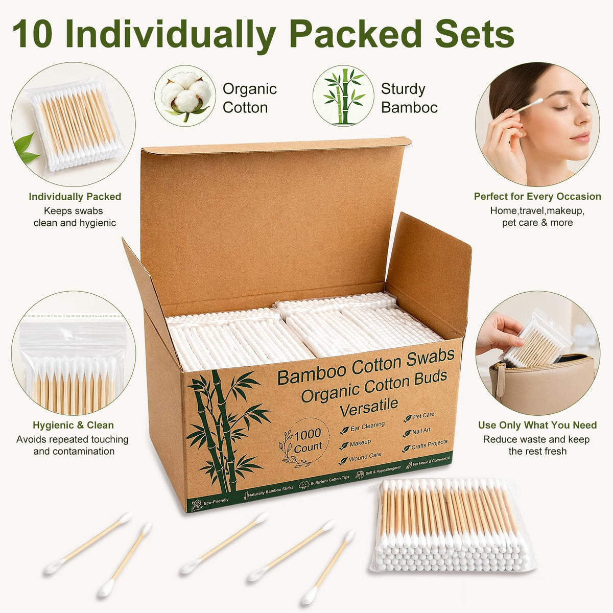 1000 Count Bamboo Cotton Swabs Soft Rounded Tips 10 Pack - Garrelett Official Product Imagery - 8