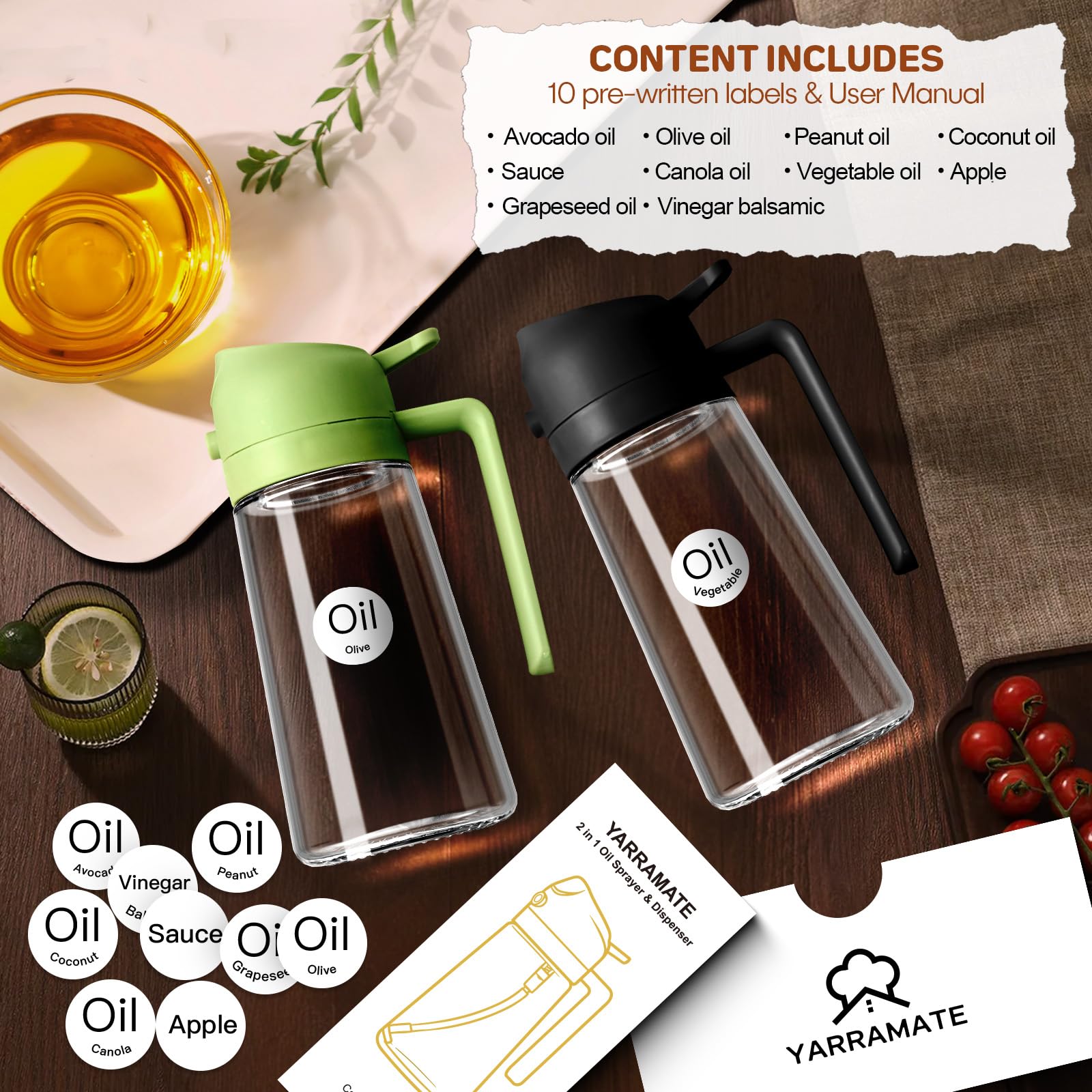 YARRAMATE 16oz/470ml Glass Olive Oil Sprayer for Cooking with Sti - YARRAMATE Official Product View 2
