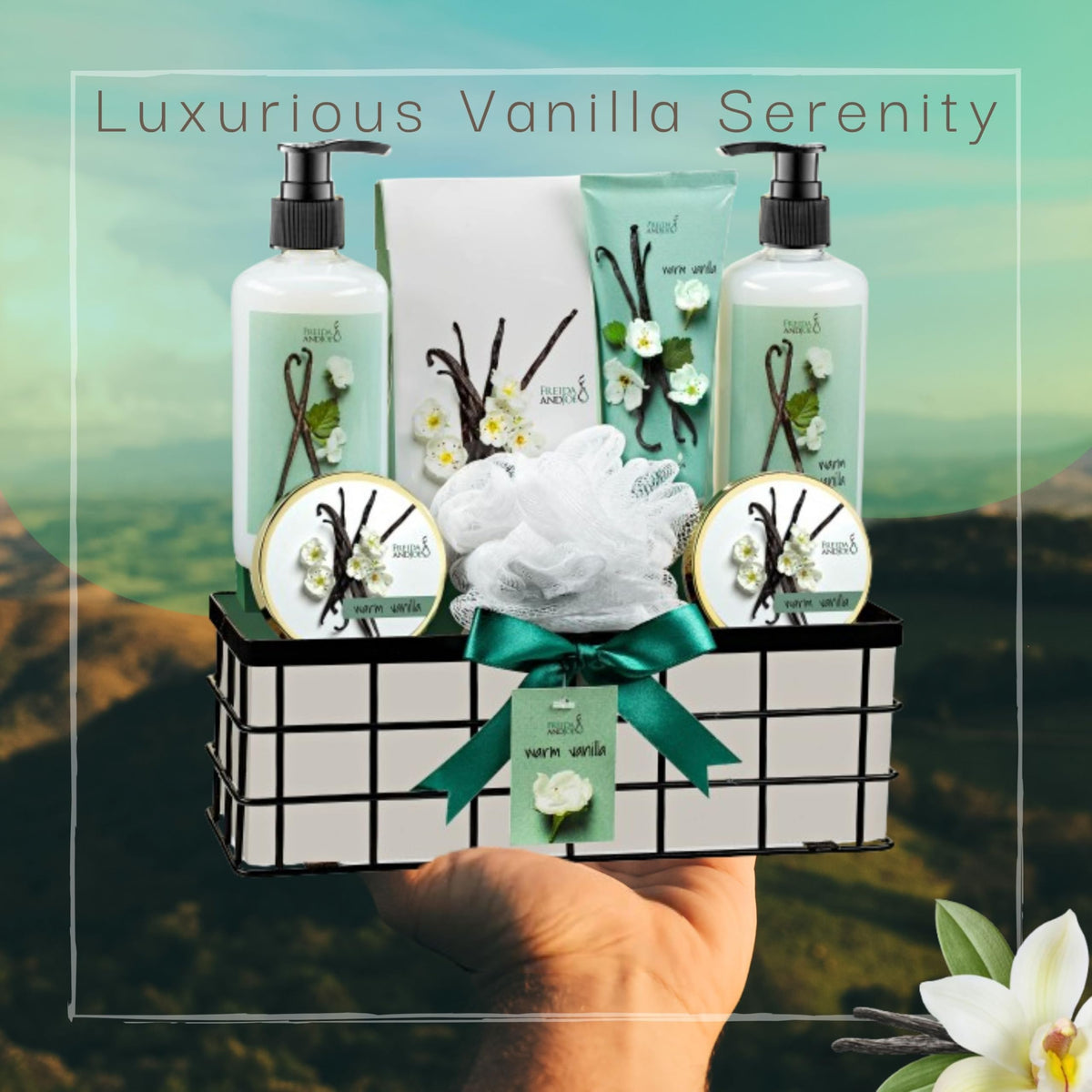 Warm Vanilla Bath and Body Gift Basket for Women Men Spa - Freida and Joe Official Imagery - 5