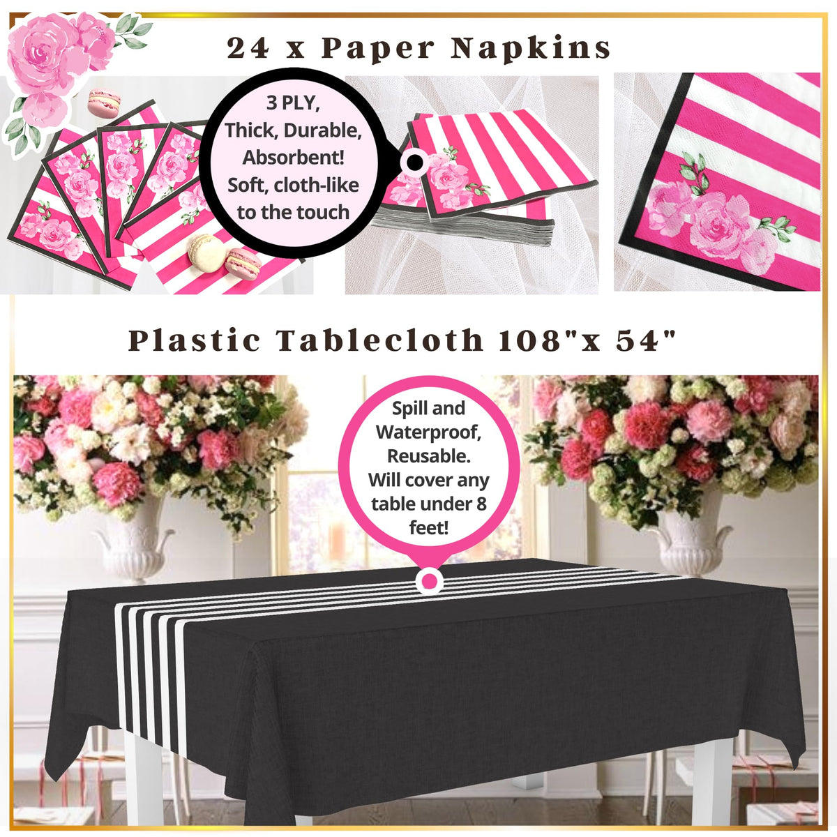 121 Pc Black and Pink Birthday Decorations Tableware Set - RainMeadow Official Imagery - 8