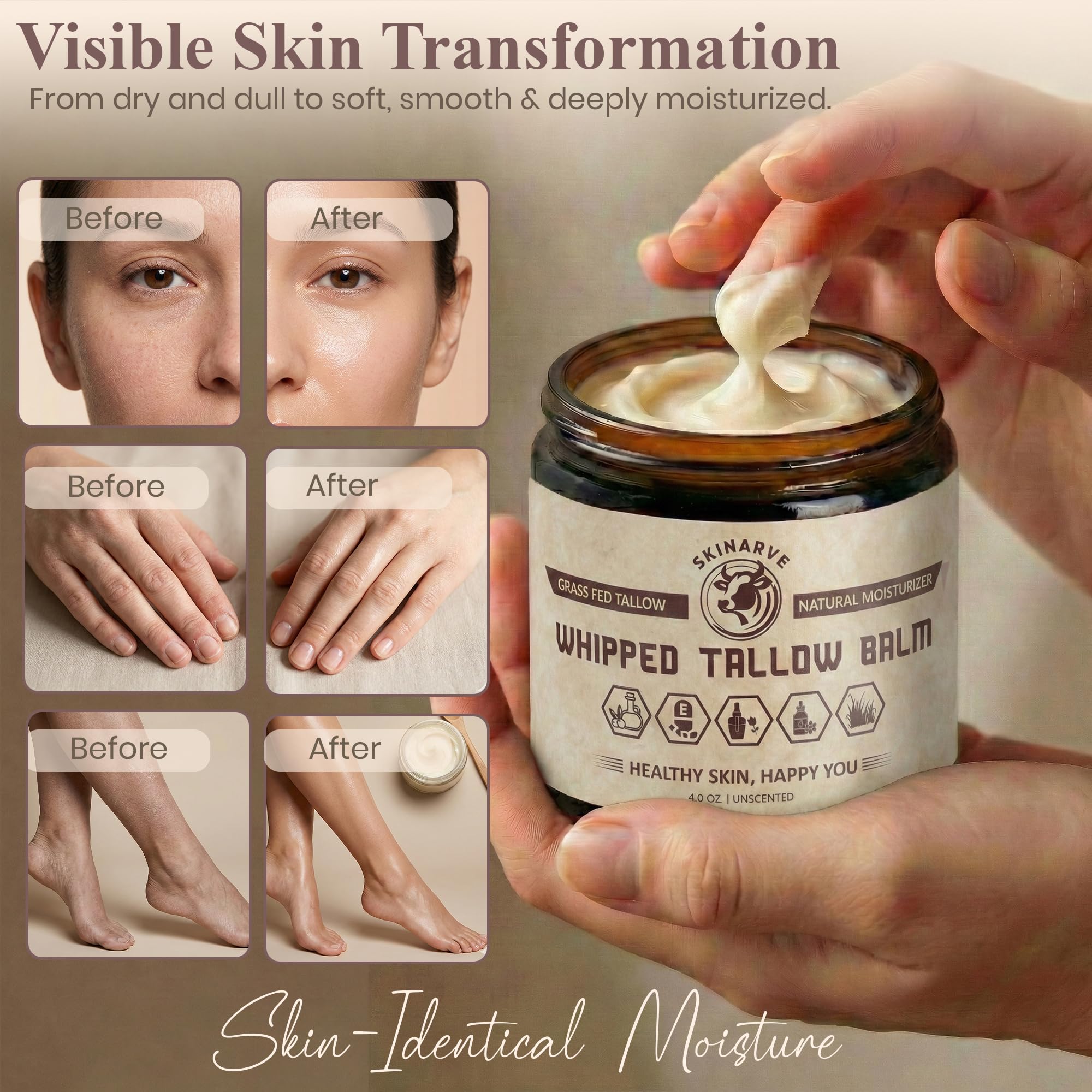SKINARVE Beef Tallow for Skin 4oz Unscented, Organic Whipped beef - SKINARVE Official Product View 4