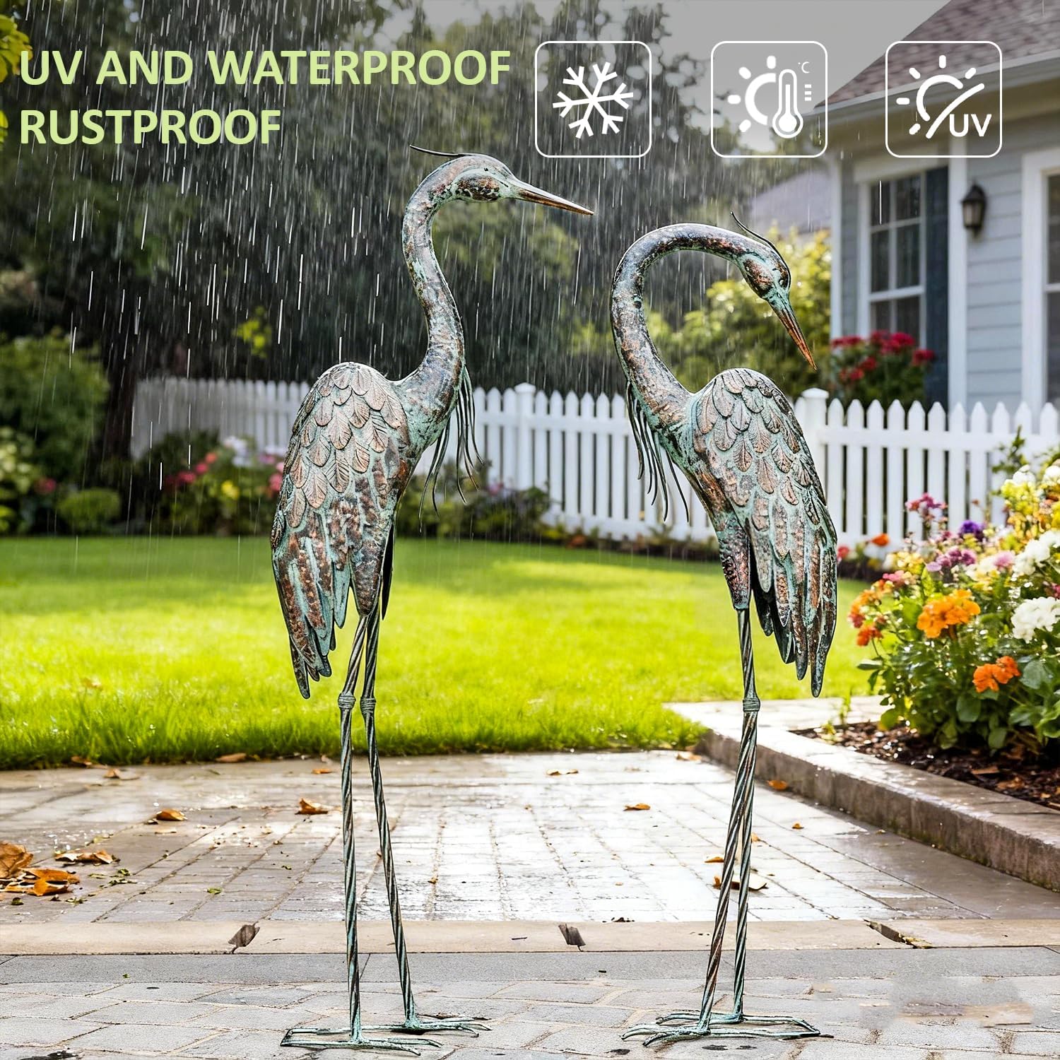 Kircust garden crane statue featuring a standing metal heron with patina finish, ideal for outdoor garden decor and bird decoys.