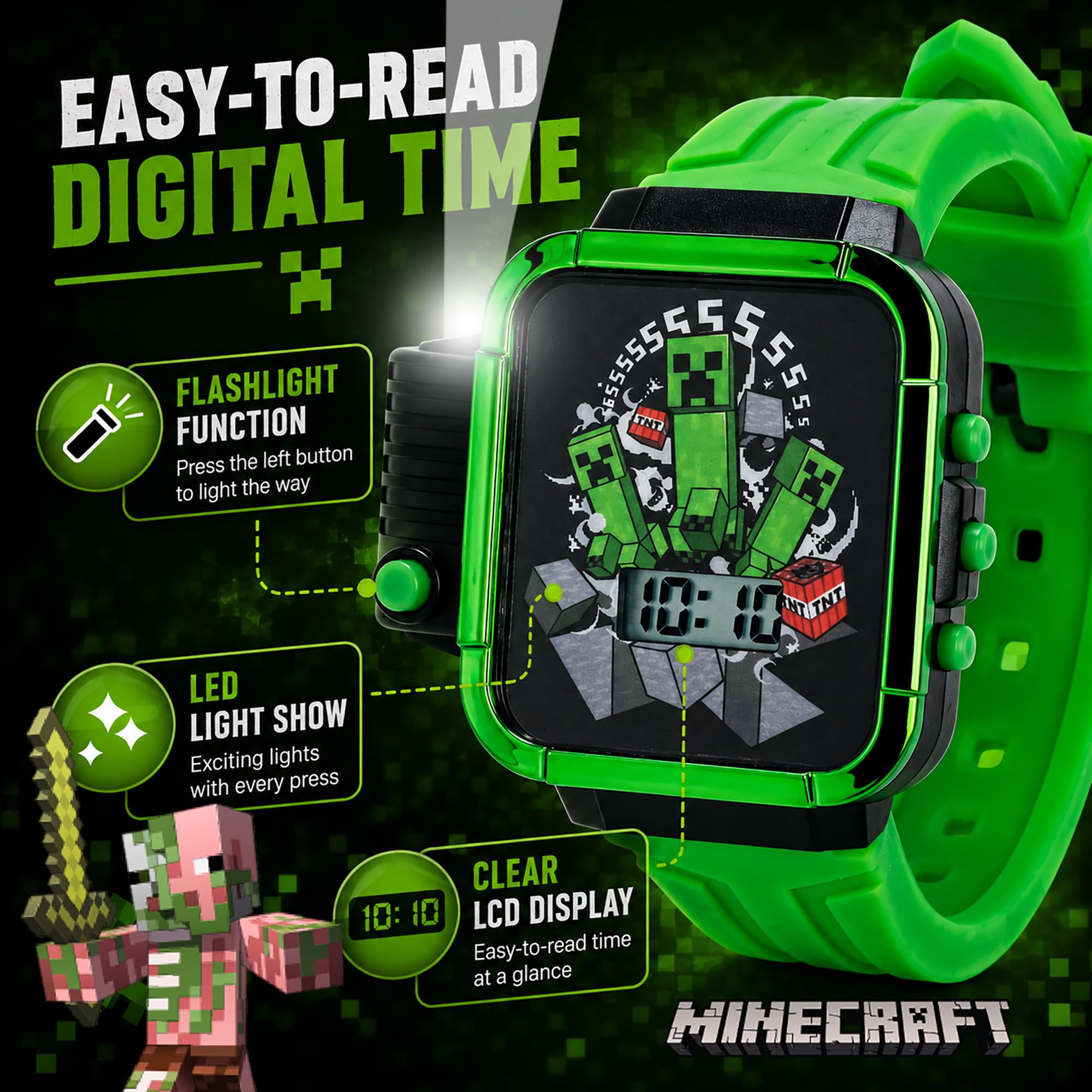 Accutime Minecraft Kids LCD Flashlight Watch with Creeper Graphic – Di - View 3