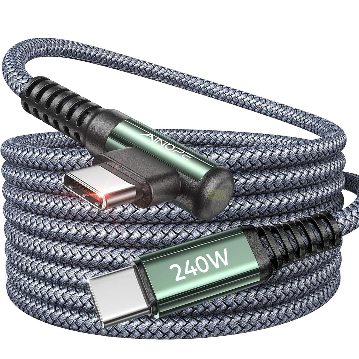 AINOPE 240W USB C to USB C right angle cable, 10ft electronic cable showing connector ends and flexible design
