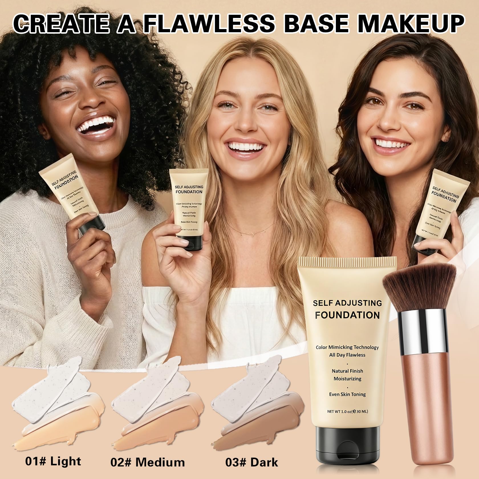 AOAZXBB color-changing foundation in shade 01 Light, self-adjusting skin foundation and concealer with a smooth, blendable texture.
