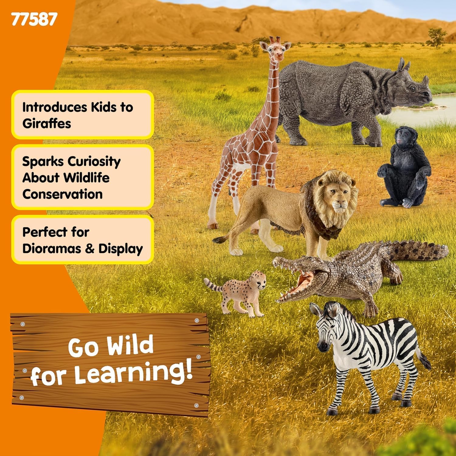 Schleich Wild Life 7-piece Savannah animal toy bundle featuring a realistic rhino and other safari animals for imaginative play