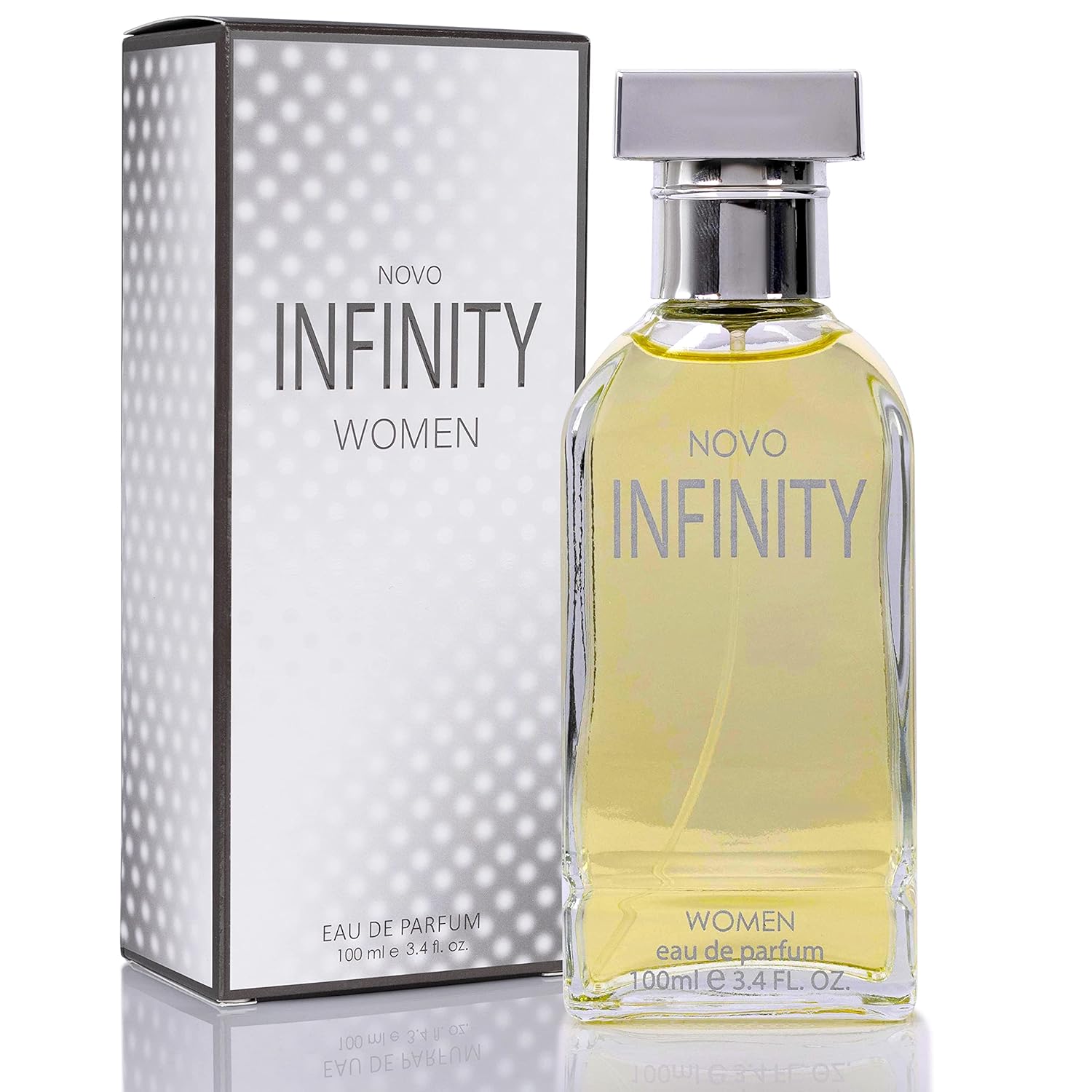 NovoGlow Novo Infinity women's eau de parfum spray, 3.4 oz bottle, elegant design with a sleek, sophisticated appearance.