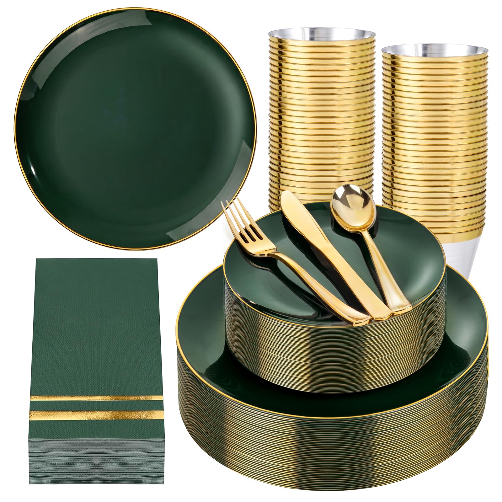 350PCS Green Plastic Plates - Disposable Green Gold Dinnerware - Product Imagery