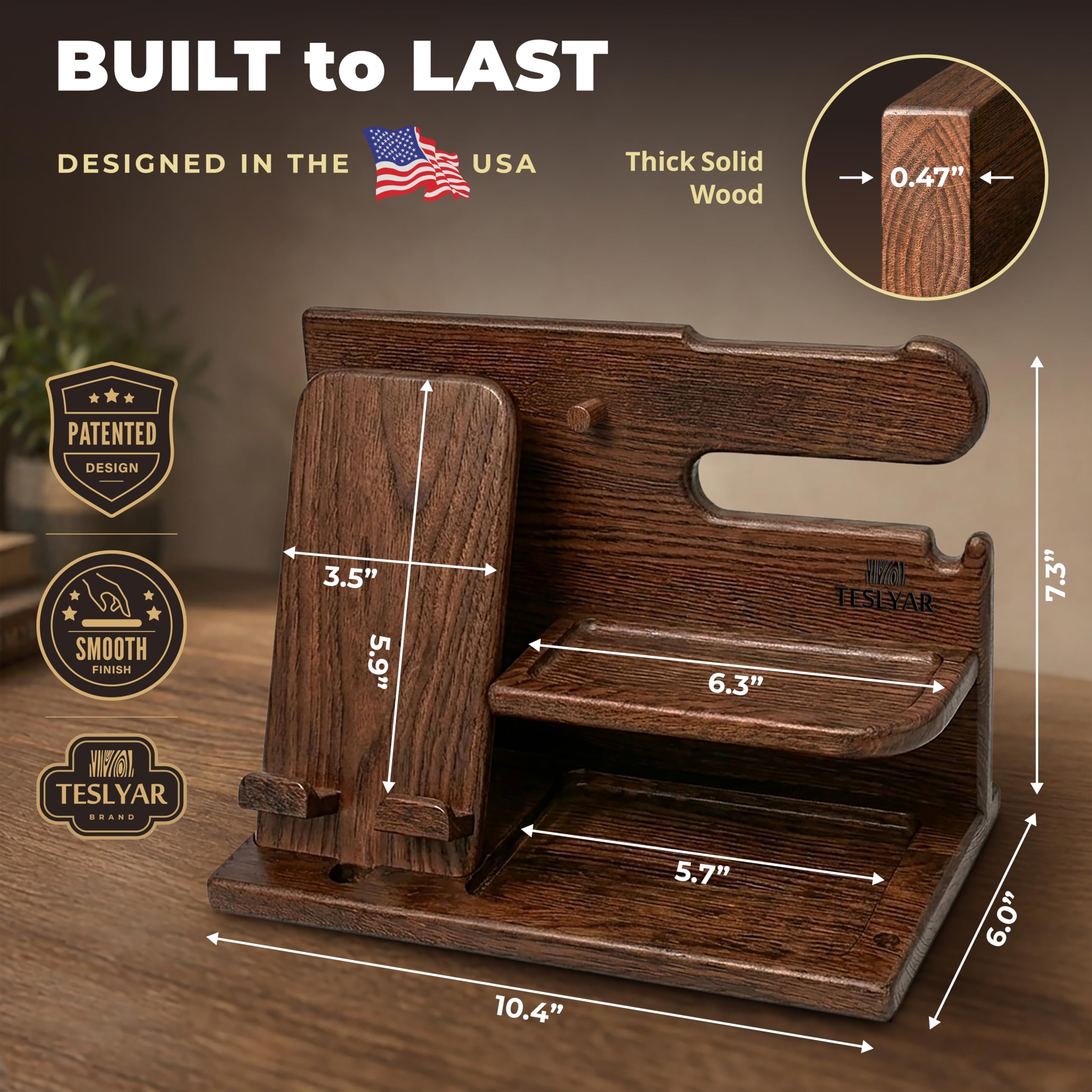 TESLYAR Wood Phone Docking Station for Men - Desk or Nightstand Organizer - Birt - TESLYAR Official Product View 5