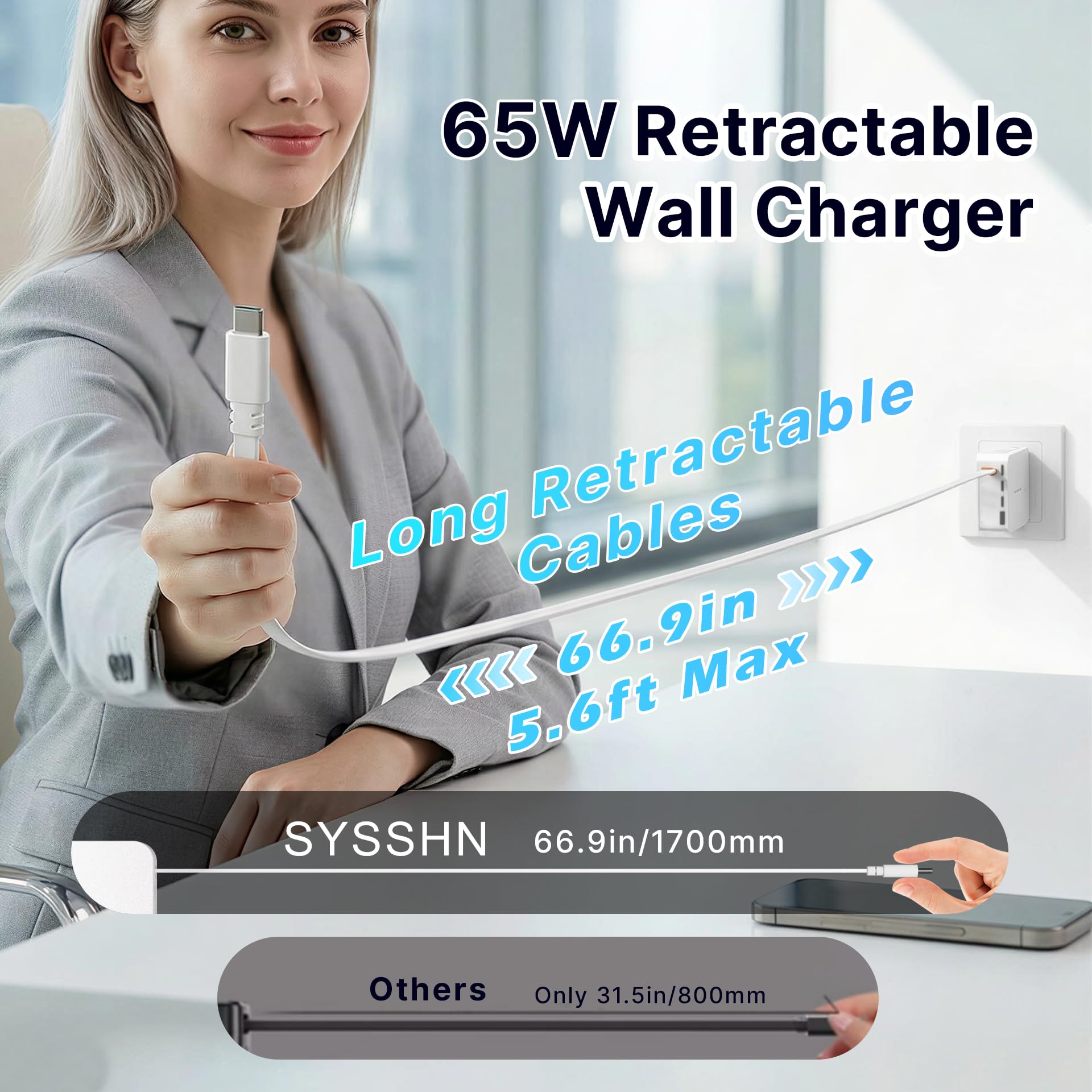 SYSSHN 65W GaN6 retractable wall charger with 66.9-inch USB-C cable, foldable plug, compatible with MacBook, iPhone, Galaxy, Switch, iPad Pro