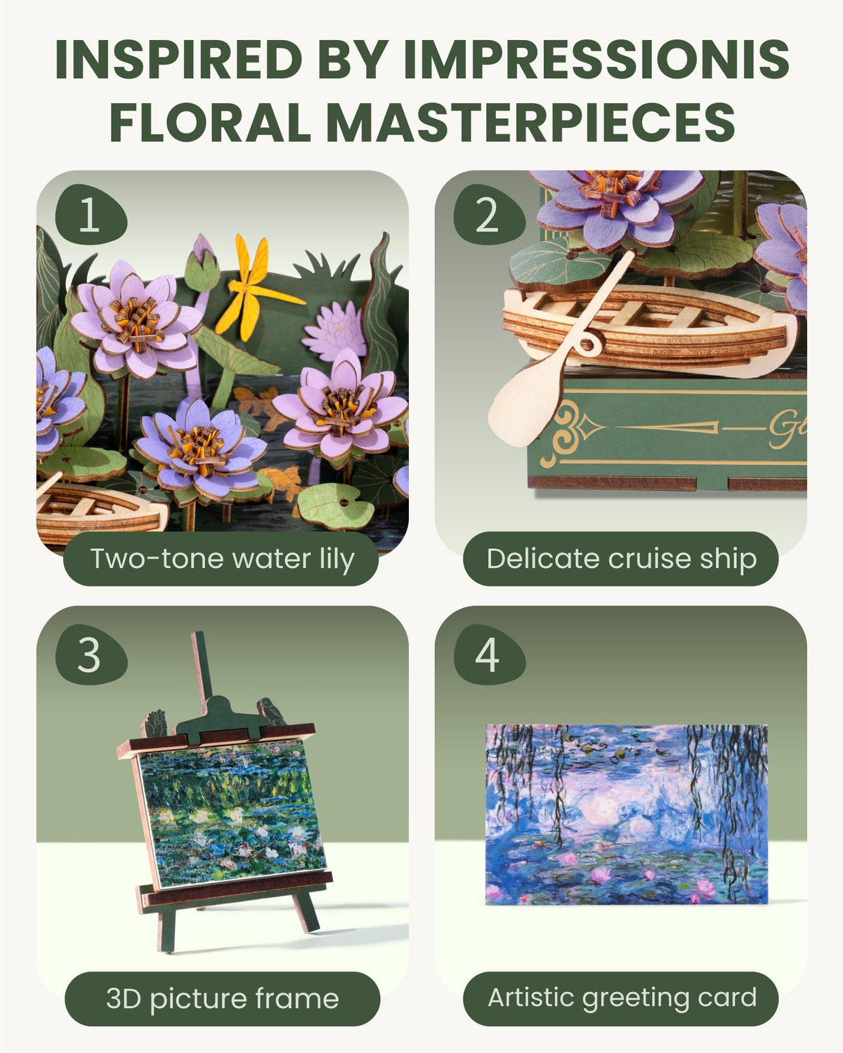 rowood Water Lily 3D Puzzle Building Set with LED DIY Monet - rowood Official Imagery - 4